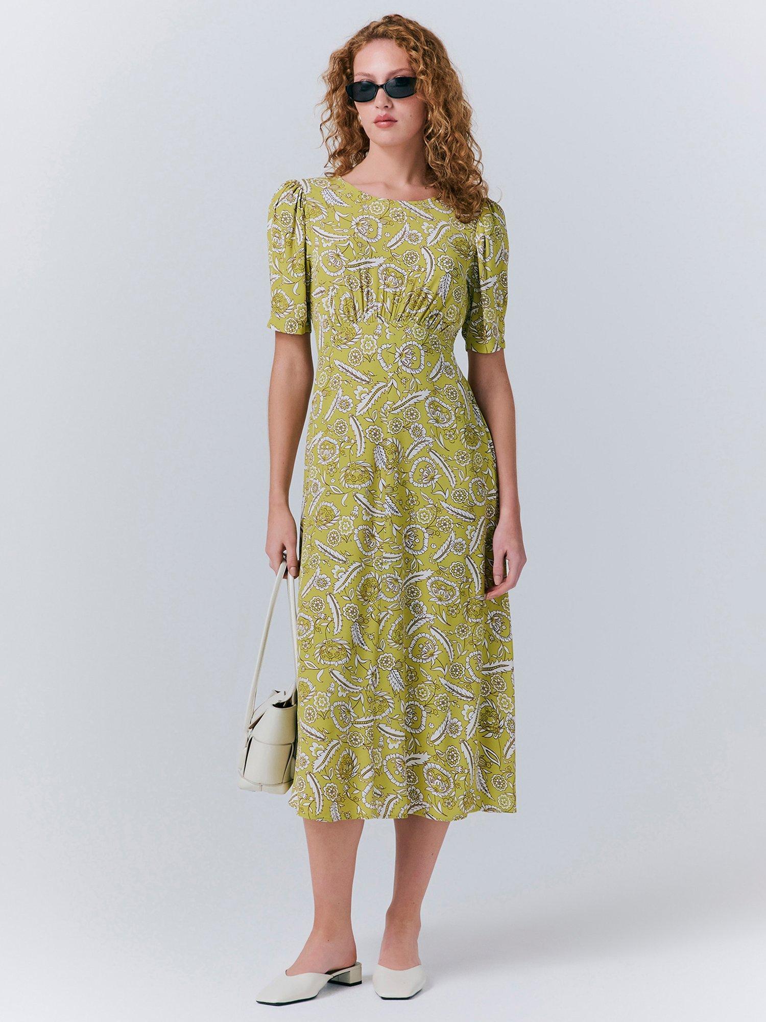 Product image 1 of 5, which shows Ghost Esme Empire Linen Floral Dress, Green, XS
