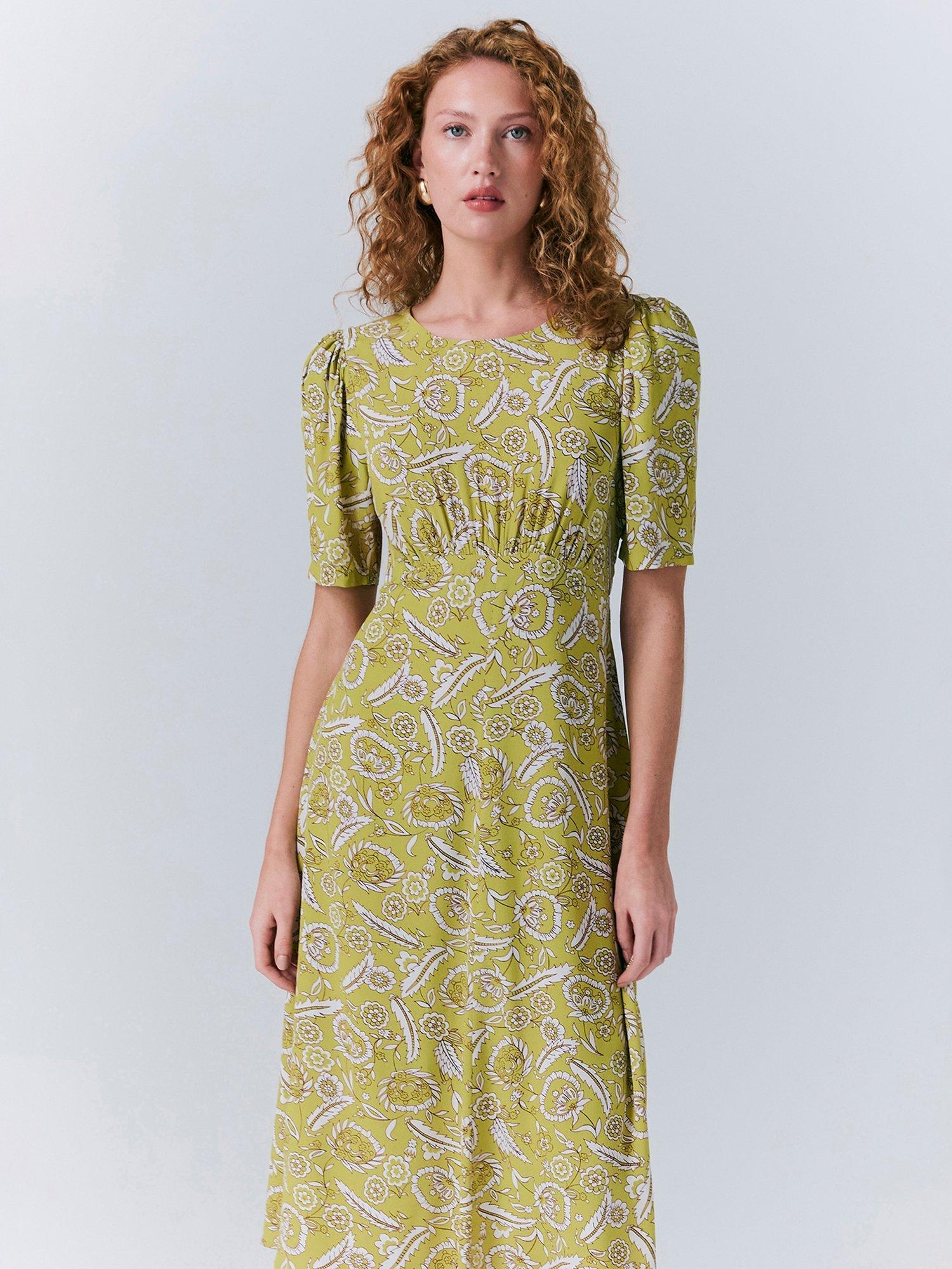Product image 3 of 5, which shows Ghost Esme Empire Linen Floral Dress, Green, XS