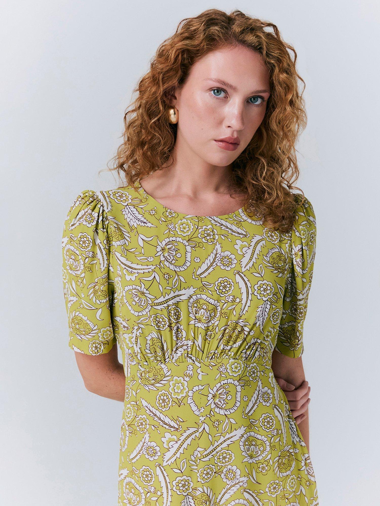 Product image 4 of 5, which shows Ghost Esme Empire Linen Floral Dress, Green, XS