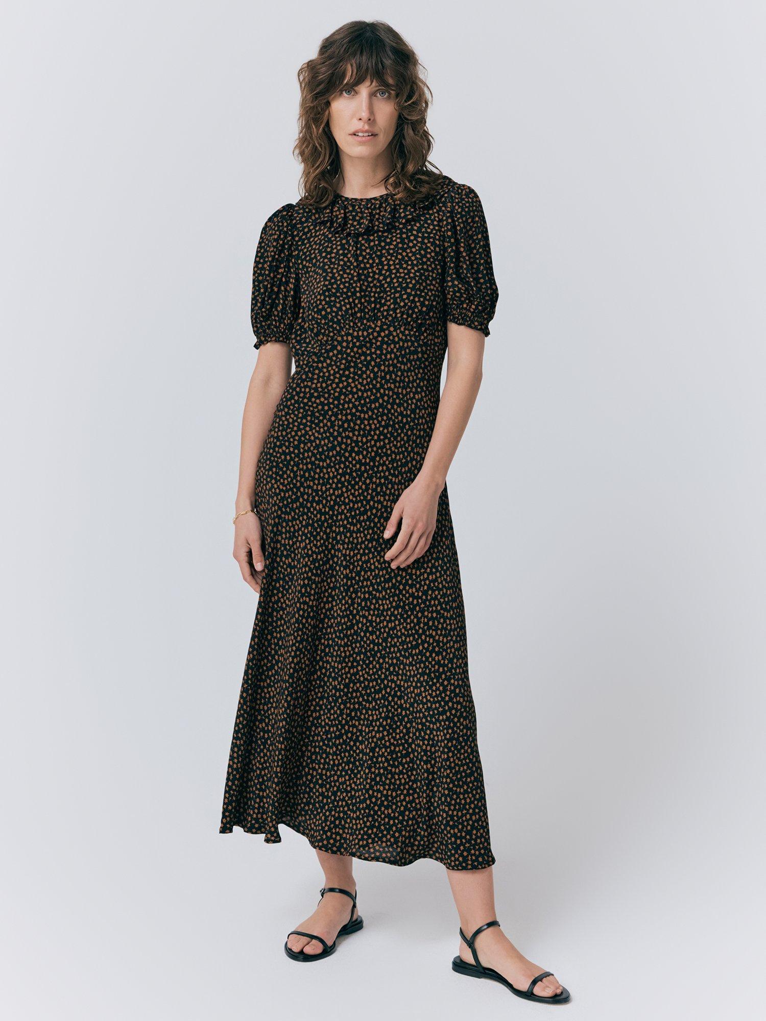 Product image 1 of 4, which shows Ghost Matilda Floral Ruffle Neck Dress, Black/Multi, XS