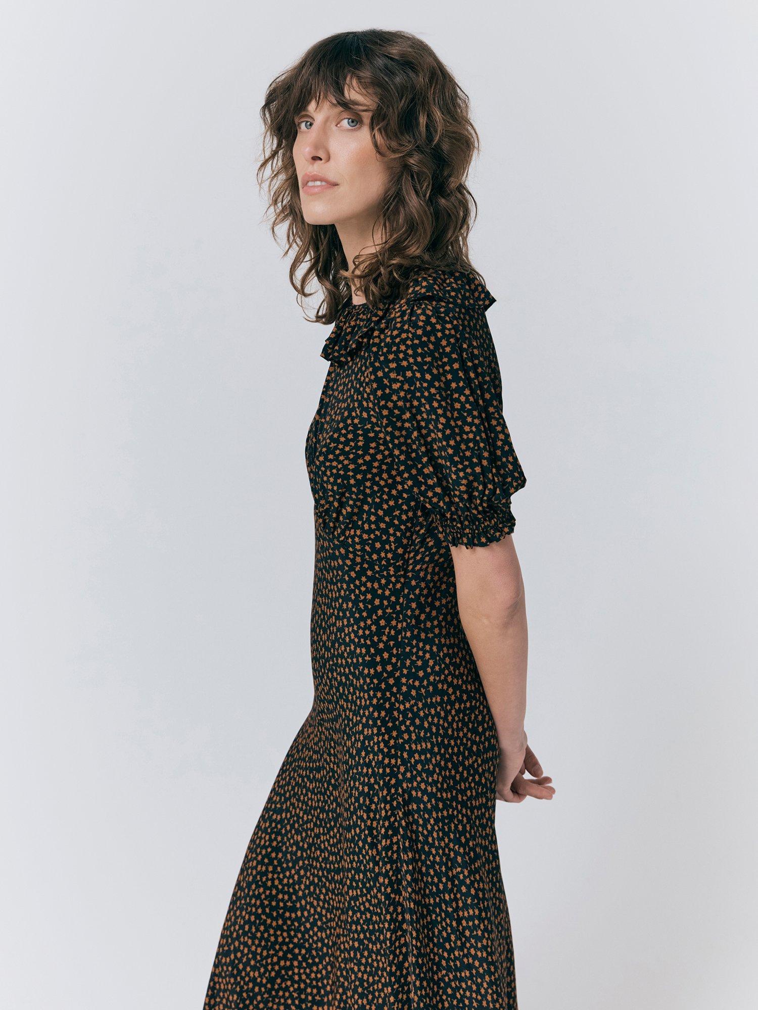 Product image 2 of 4, which shows Ghost Matilda Floral Ruffle Neck Dress, Black/Multi, XS