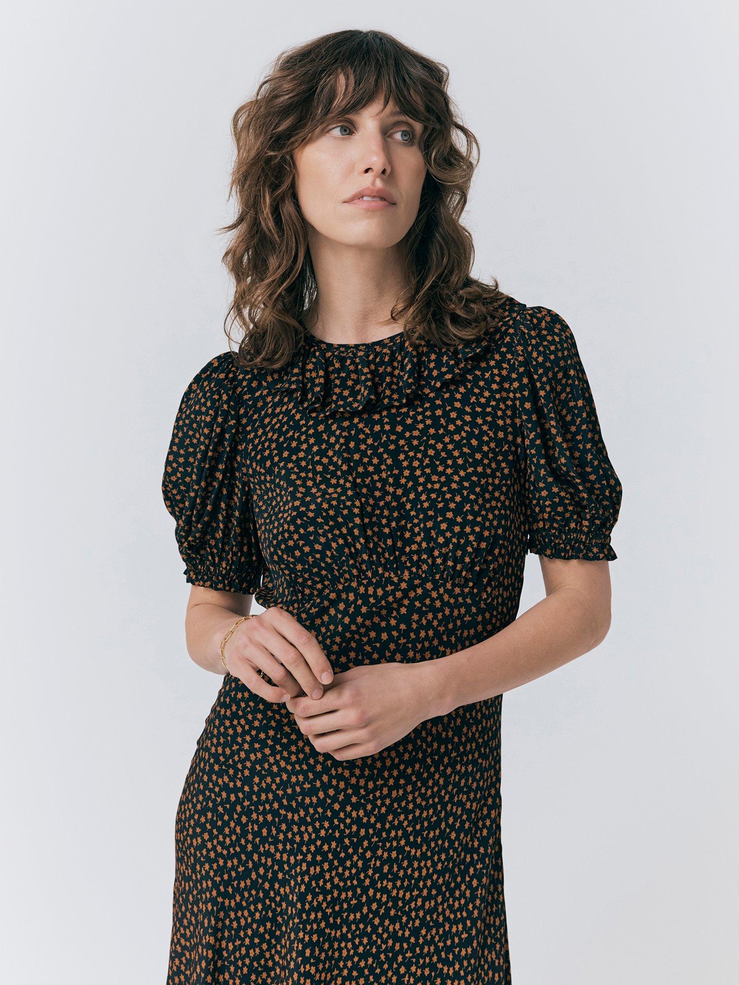 Product image 3 of 4, which shows Ghost Matilda Floral Ruffle Neck Dress, Black/Multi, XS