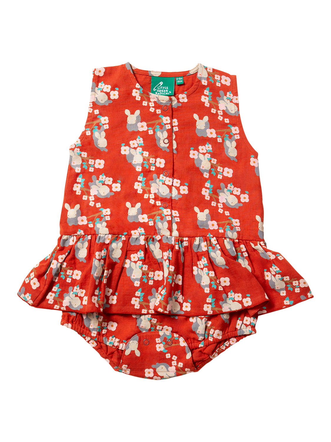 Product image 1 of 6, which shows Little Green Radicals Baby Rabbit Ruffle Pure Organic Cotton Romper, Red/Multi, 3-6 months