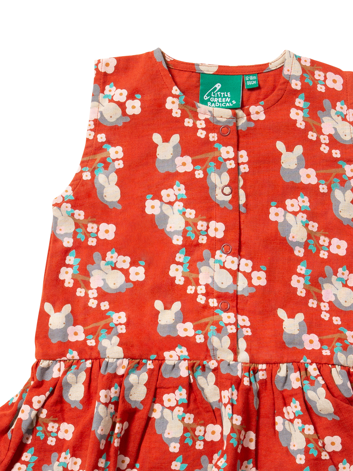 Product image 2 of 6, which shows Little Green Radicals Baby Rabbit Ruffle Pure Organic Cotton Romper, Red/Multi, 3-6 months