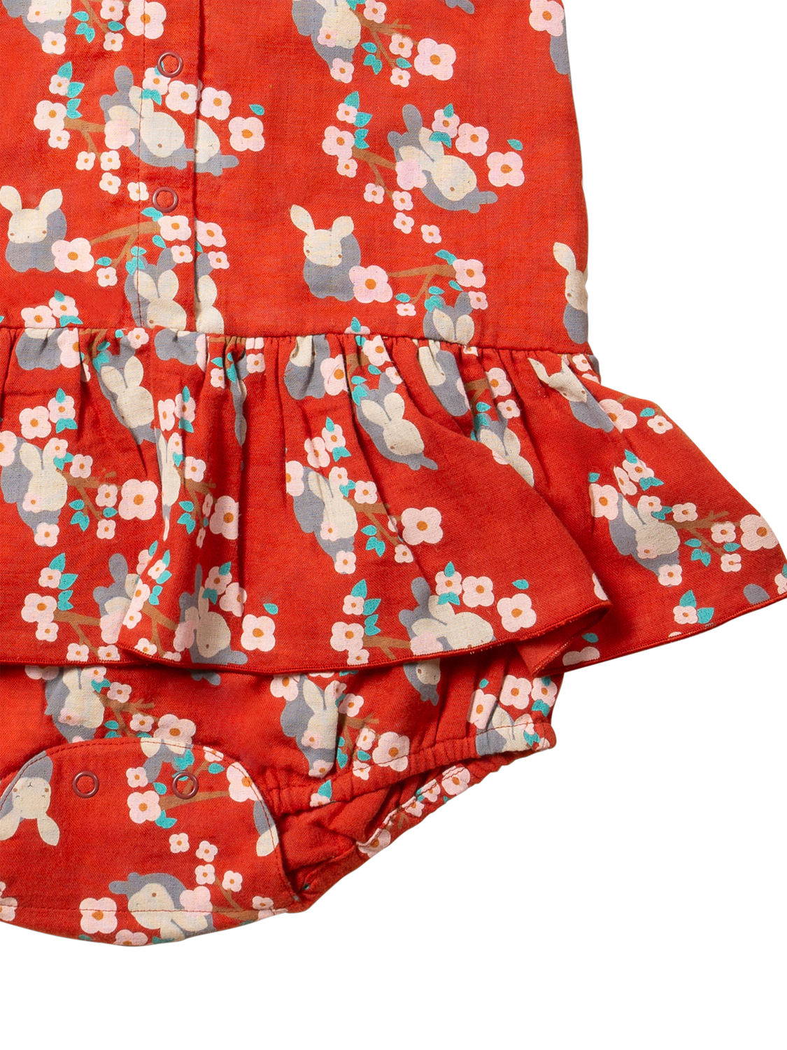 Product image 3 of 6, which shows Little Green Radicals Baby Rabbit Ruffle Pure Organic Cotton Romper, Red/Multi, 3-6 months