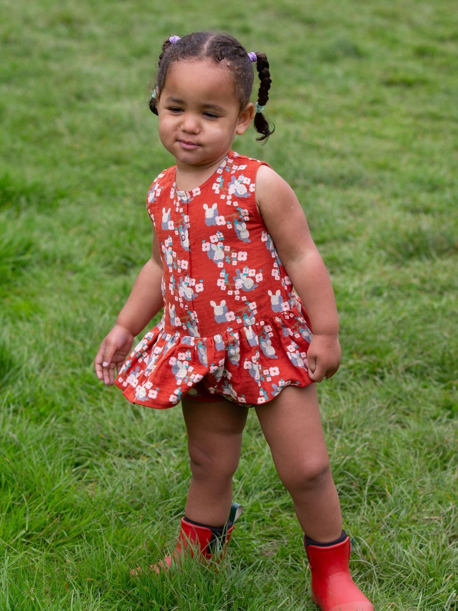Product image 4 of 6, which shows Little Green Radicals Baby Rabbit Ruffle Pure Organic Cotton Romper, Red/Multi, 3-6 months