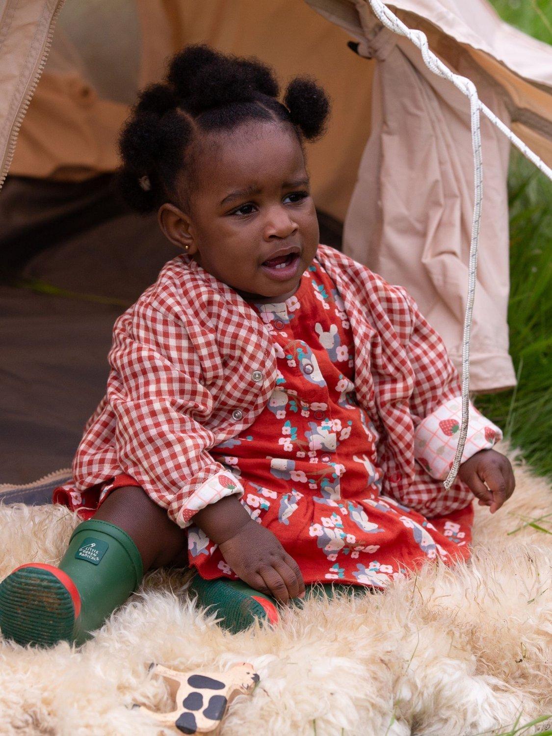 Product image 6 of 6, which shows Little Green Radicals Baby Rabbit Ruffle Pure Organic Cotton Romper, Red/Multi, 3-6 months