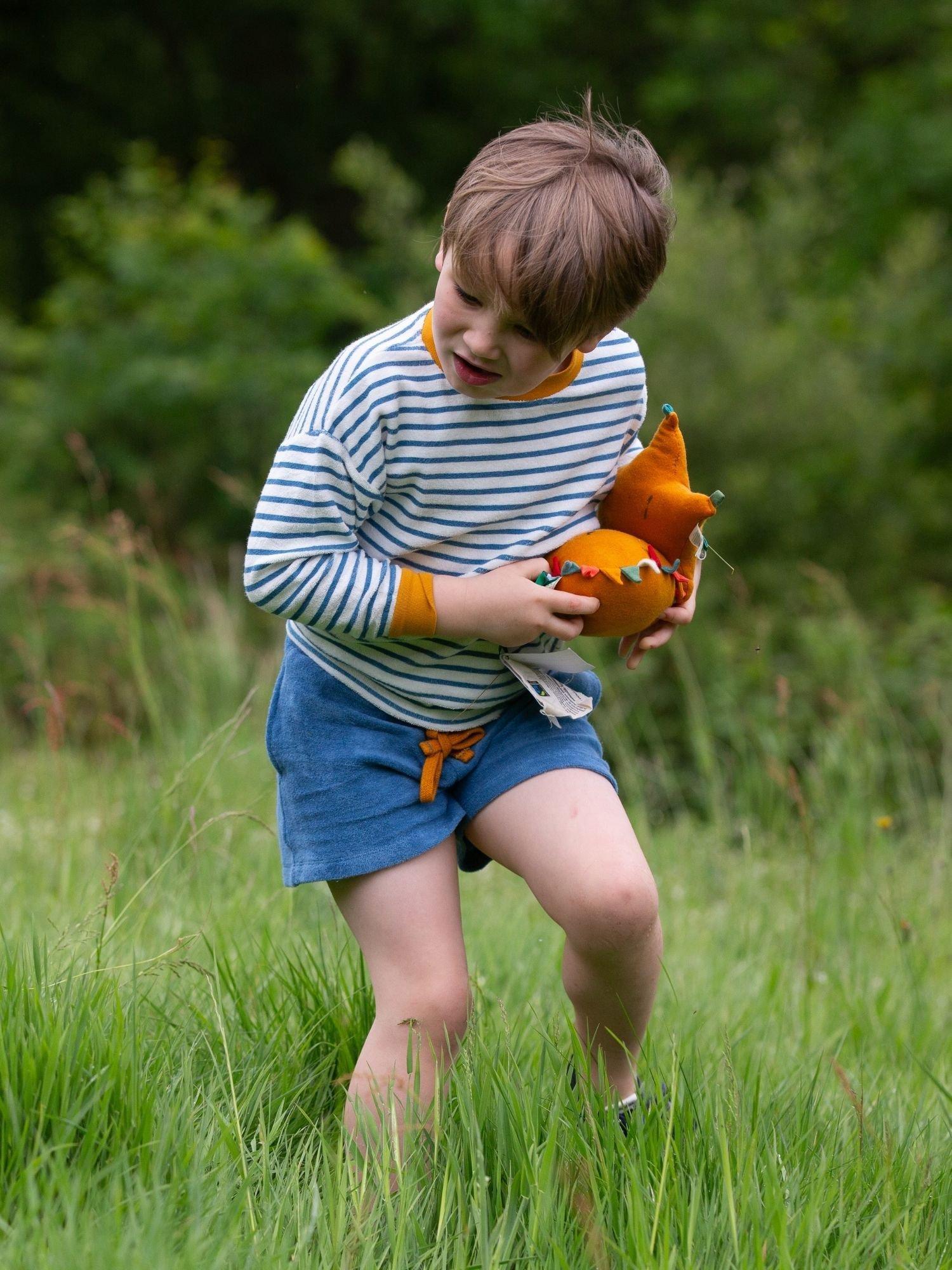 Product image 4 of 5, which shows Little Green Radicals Kids' Cotton Towelling Shorts, Blue, 2-3 years
