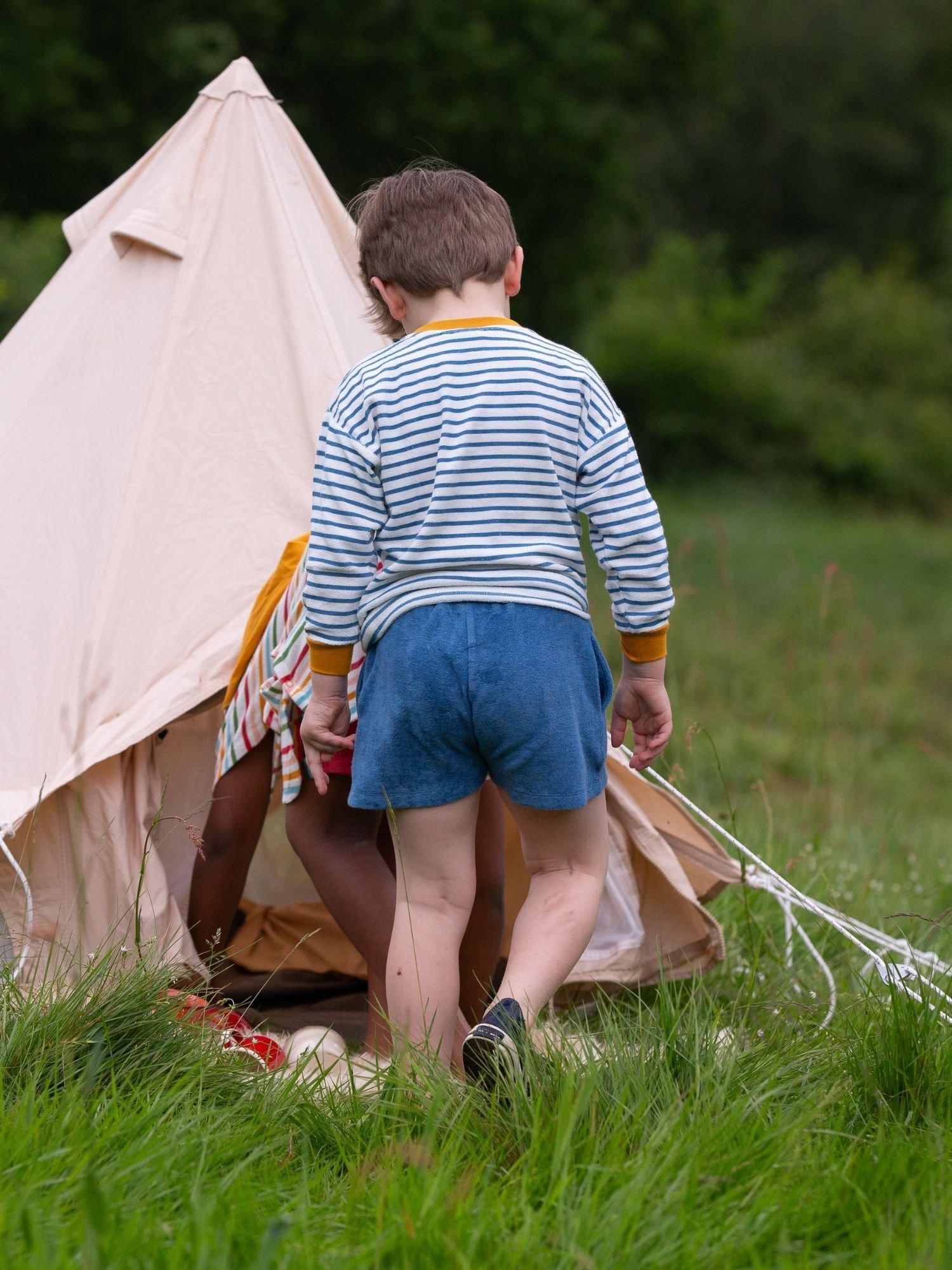 Product image 5 of 5, which shows Little Green Radicals Kids' Cotton Towelling Shorts, Blue, 2-3 years