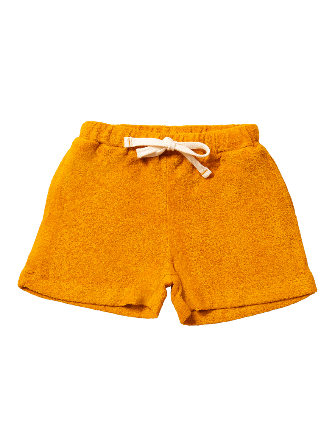 Product image 1 of 5, which shows Little Green Radicals Kids' Pure Organic Cotton Towelling Shorts, Gold, 2-3 years