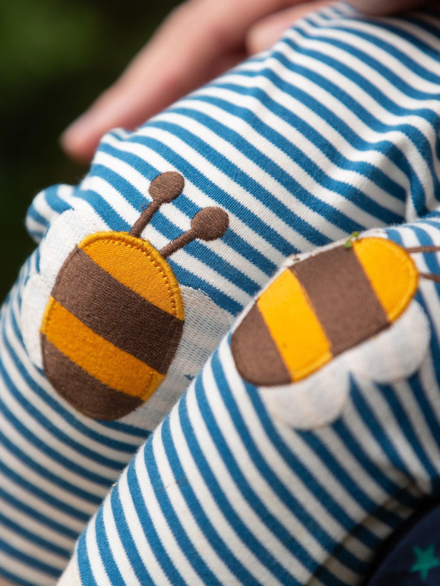 Product image 4 of 5, which shows Little Green Radicals Bbay Bees Knees Patch Striped Joggers, Blue/Multi, 2-3 years