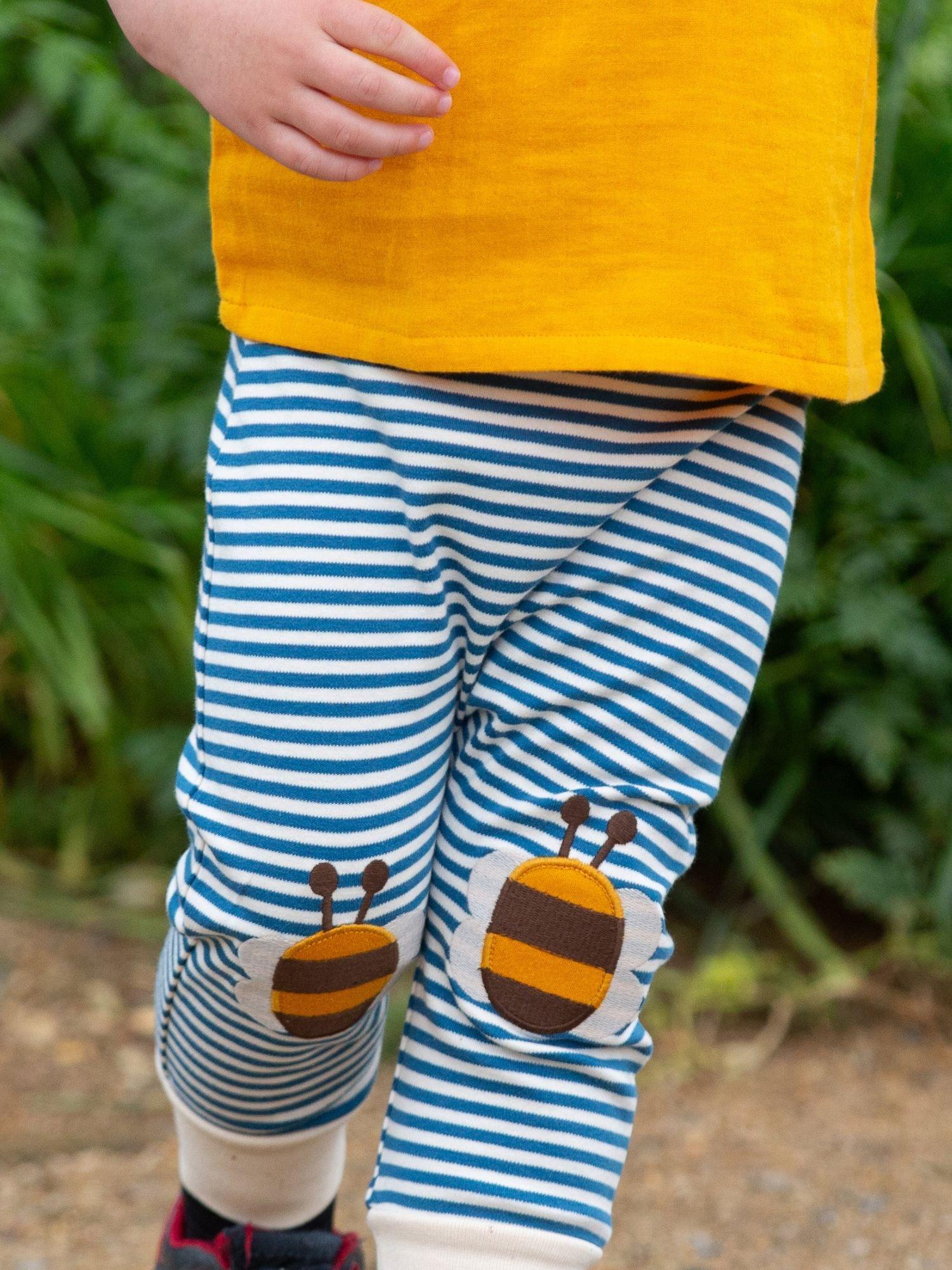 Product image 5 of 5, which shows Little Green Radicals Bbay Bees Knees Patch Striped Joggers, Blue/Multi, 2-3 years