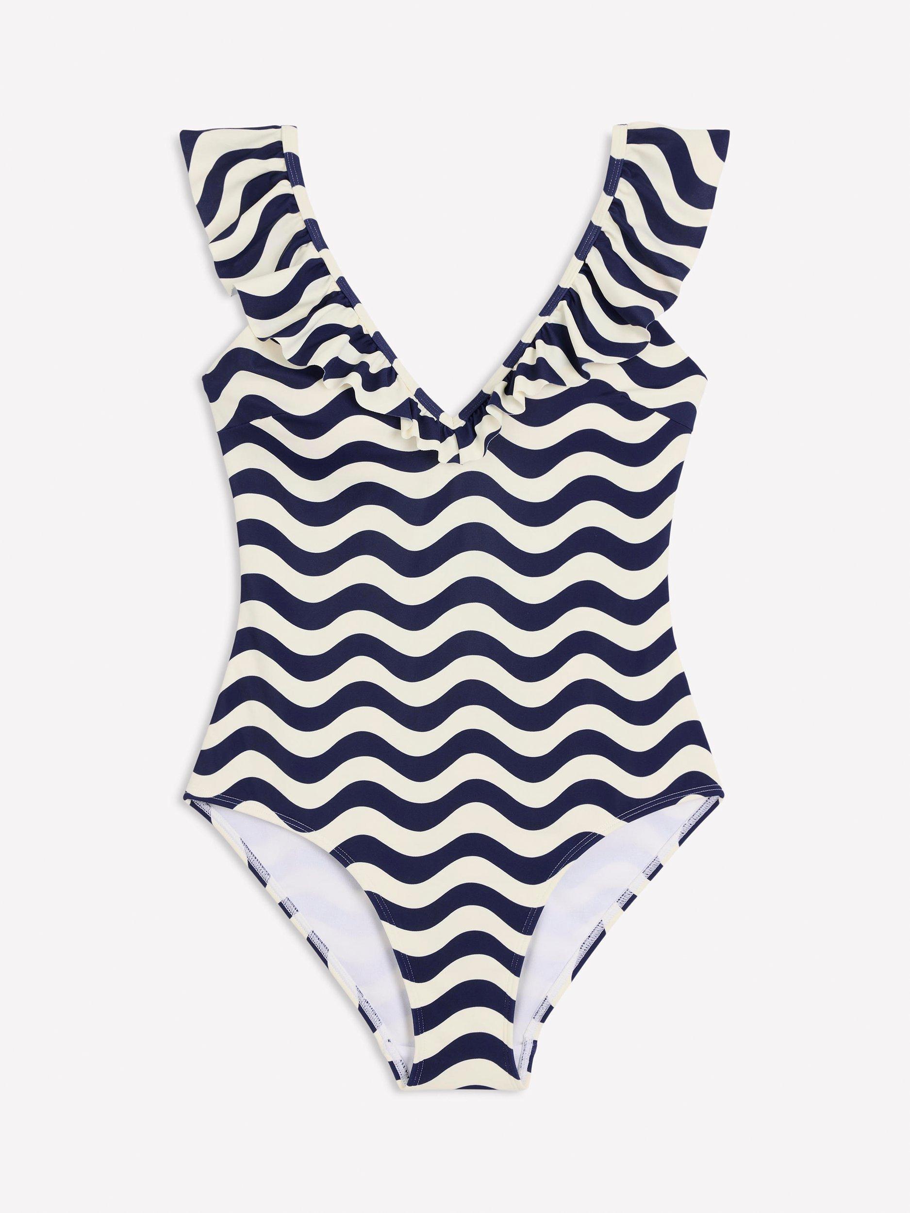 Product image 5 of 6, which shows Boden Evia Stripe Ruffle Swimsuit, Navy/Multi, 8