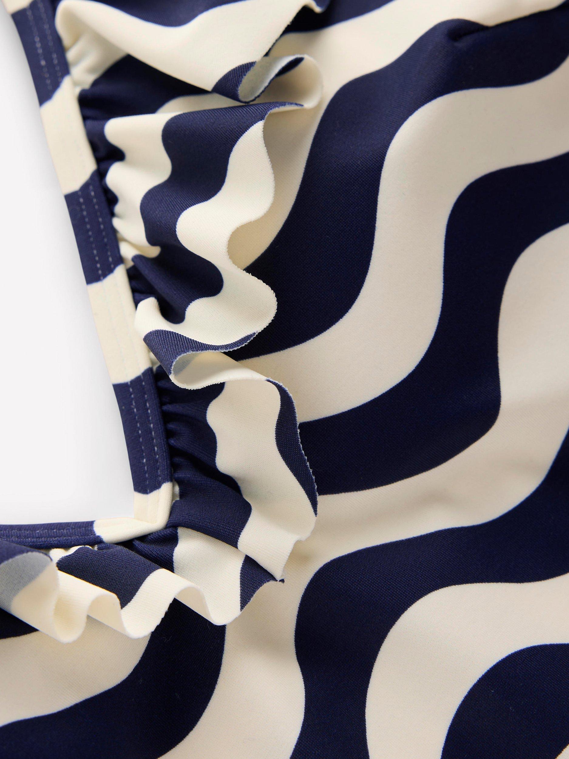 Product image 6 of 6, which shows Boden Evia Stripe Ruffle Swimsuit, Navy/Multi, 8