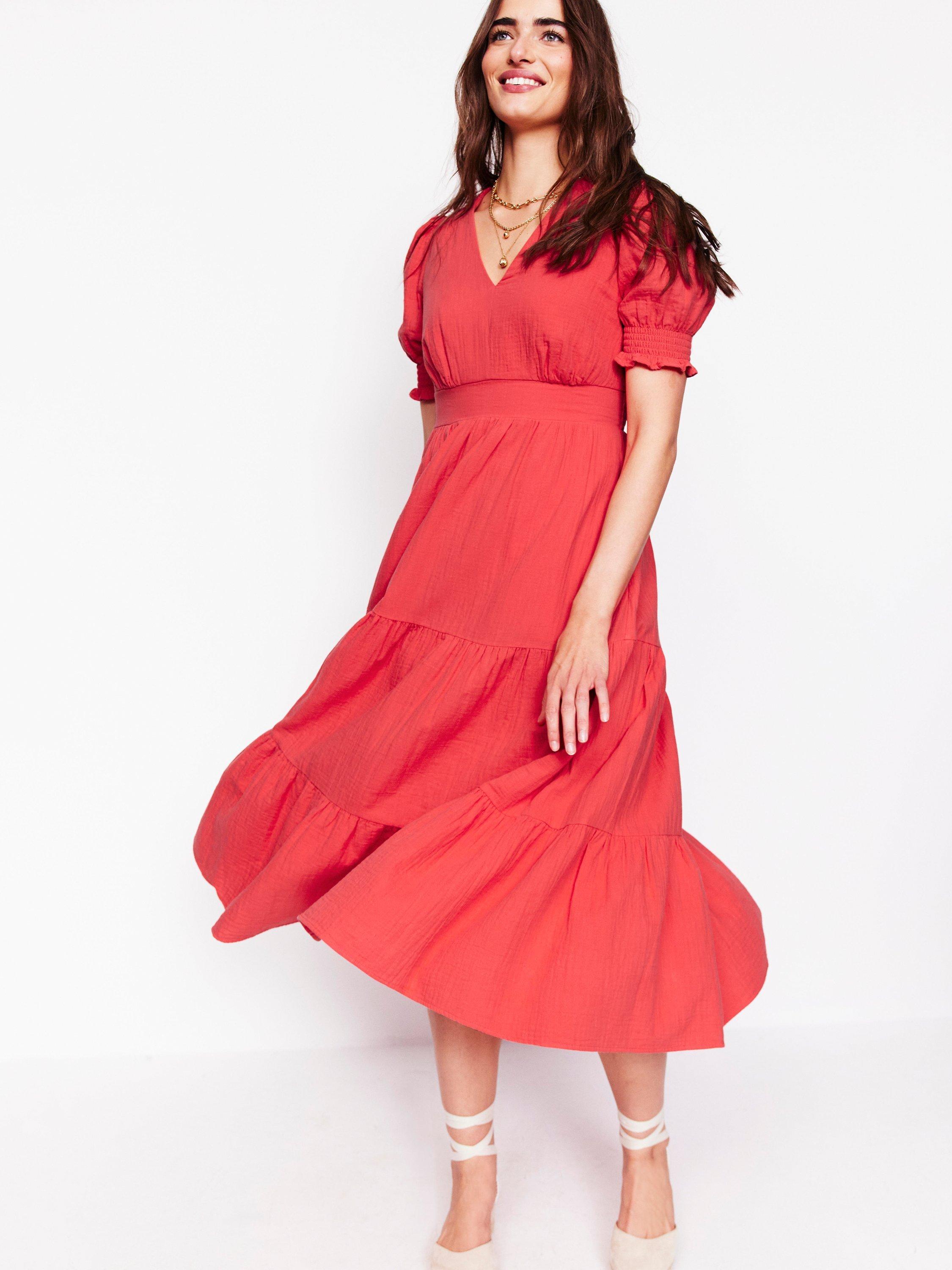 Product image 1 of 5, which shows Boden Anna Double Cloth Midi Dress, Jam Red, 16