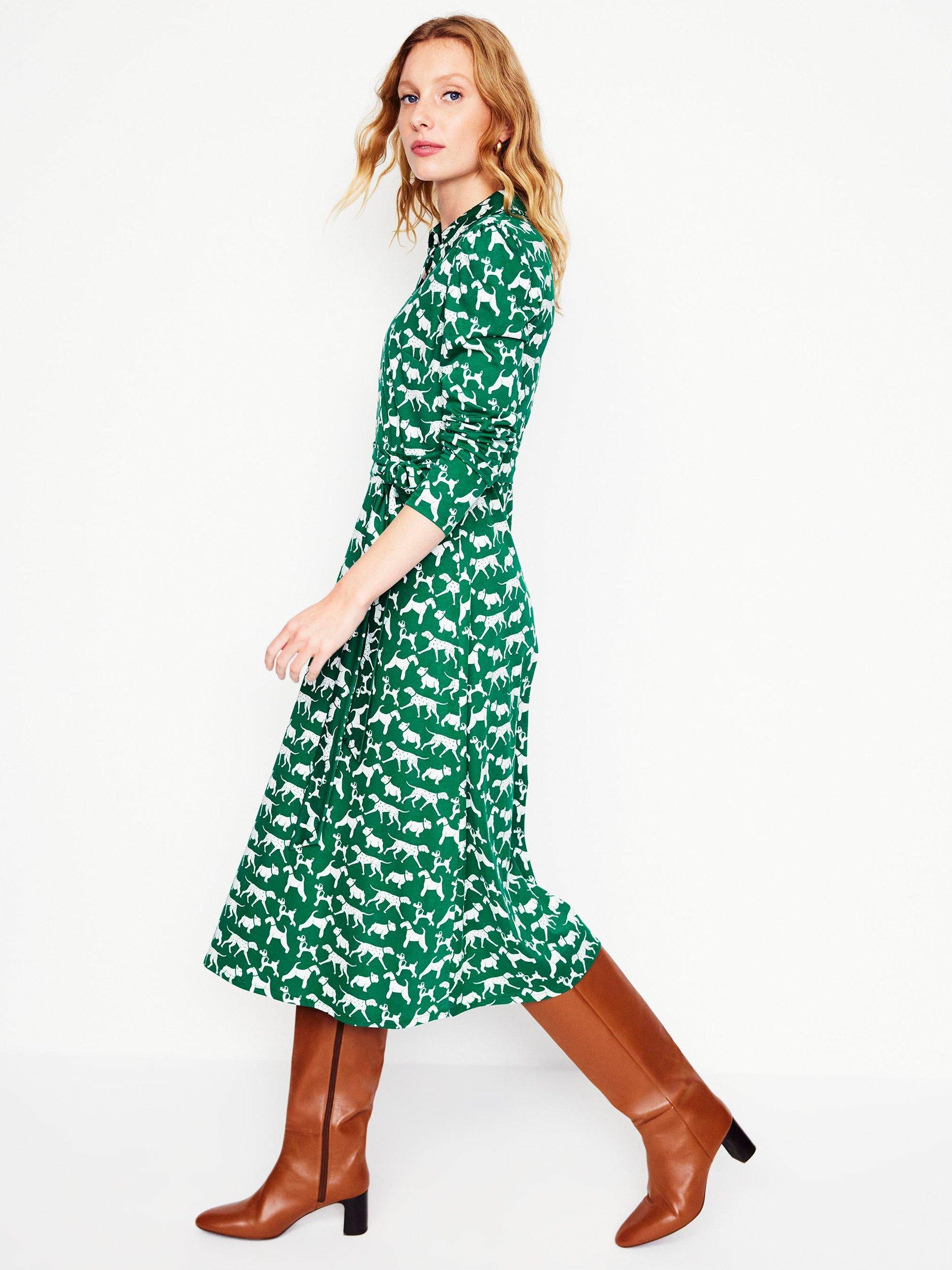 Boden Imogen Dog Collared Jersey Dress, Green/Multi