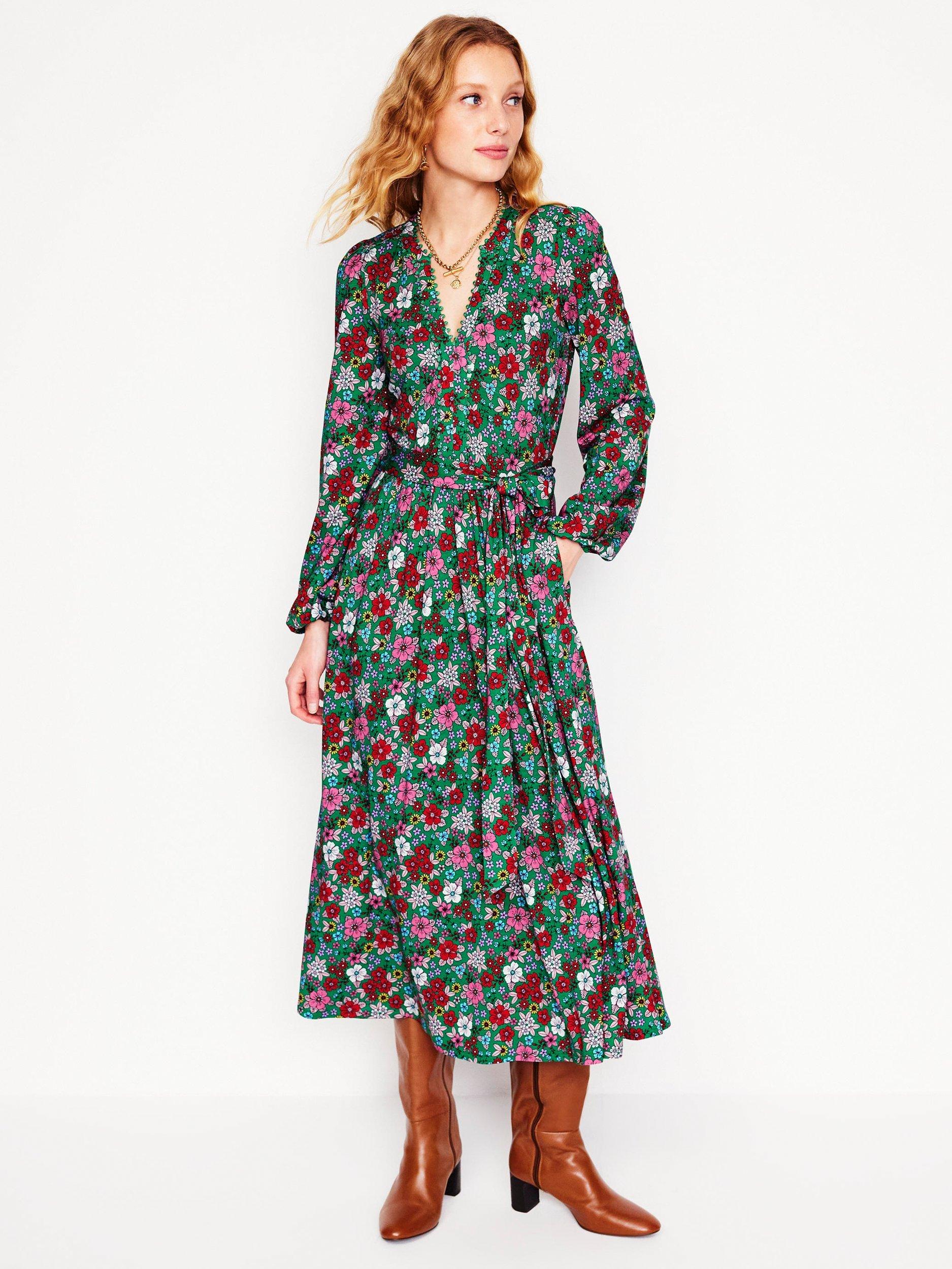 Boden Maeve Floral Jersey Midi Dress, Rich Emerald