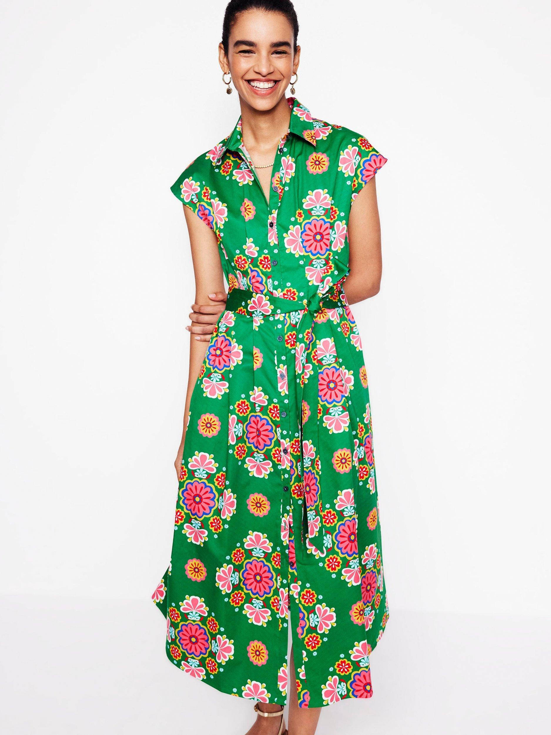 Product image 1 of 5, which shows Boden Rachel Floral Shirt Dress, Emerald/Multi, 8