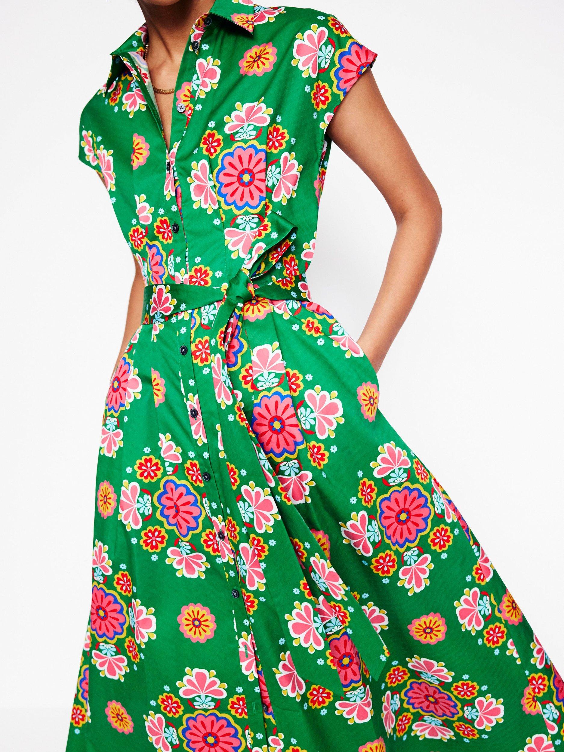 Product image 2 of 5, which shows Boden Rachel Floral Shirt Dress, Emerald/Multi, 8