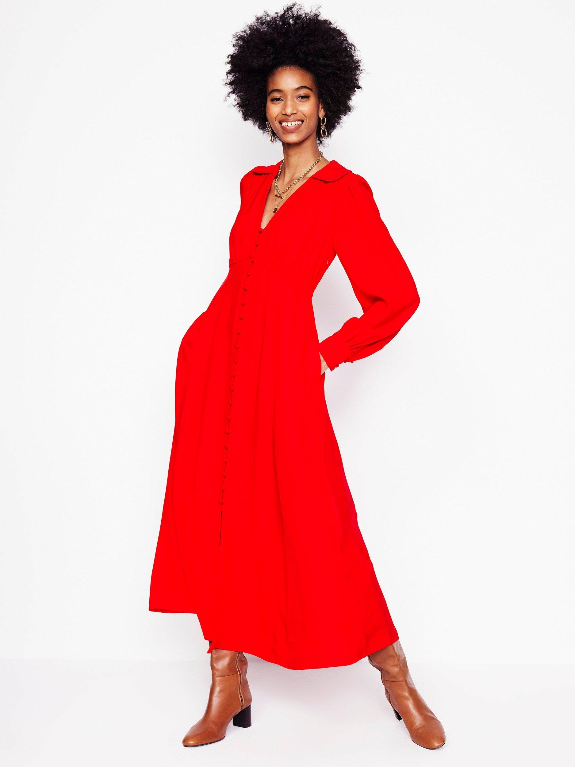 Product image 1 of 6, which shows Boden Scalloped Collar Tea Dress, Poppy Red, 10