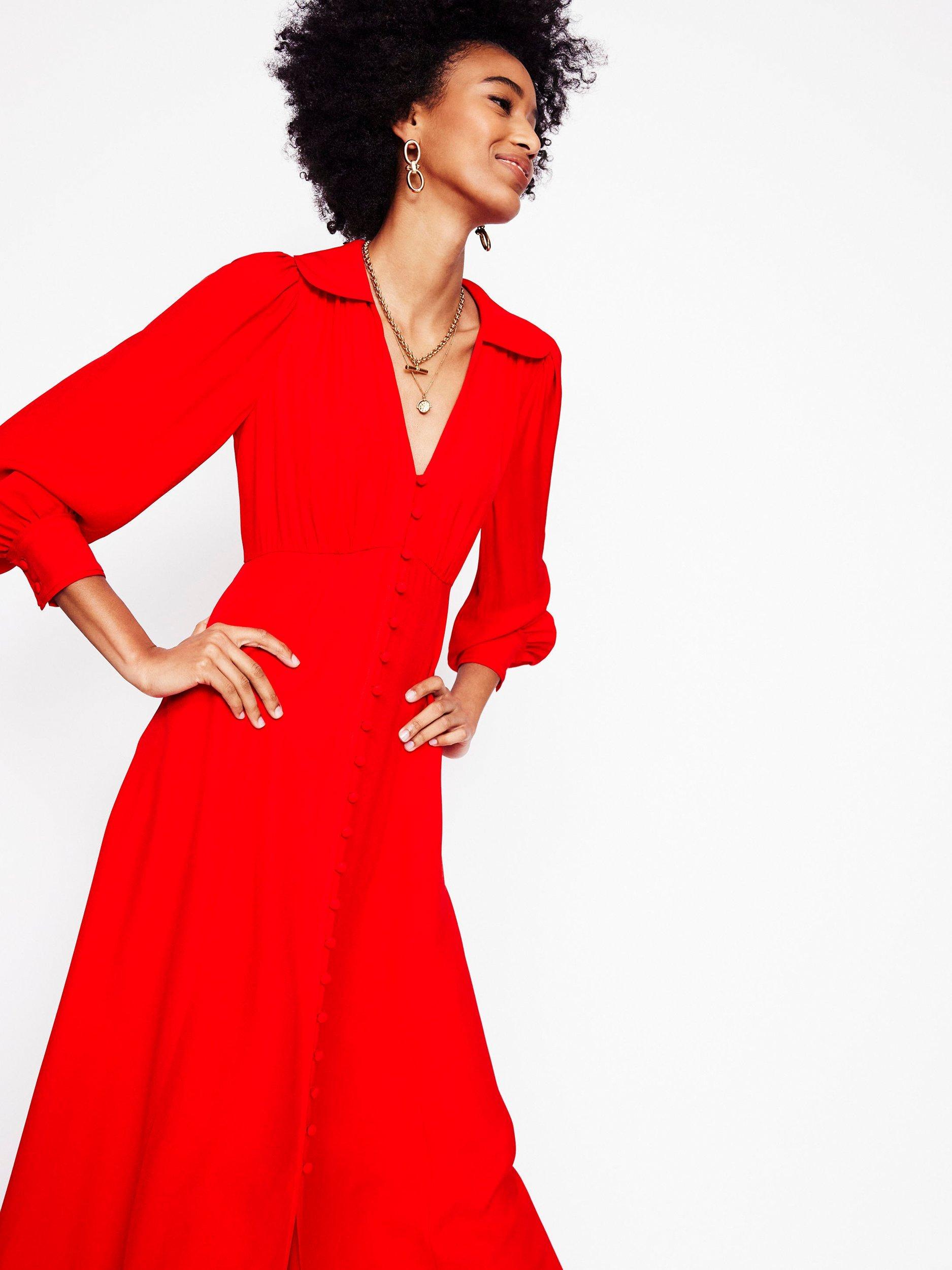 Product image 3 of 6, which shows Boden Scalloped Collar Tea Dress, Poppy Red, 10