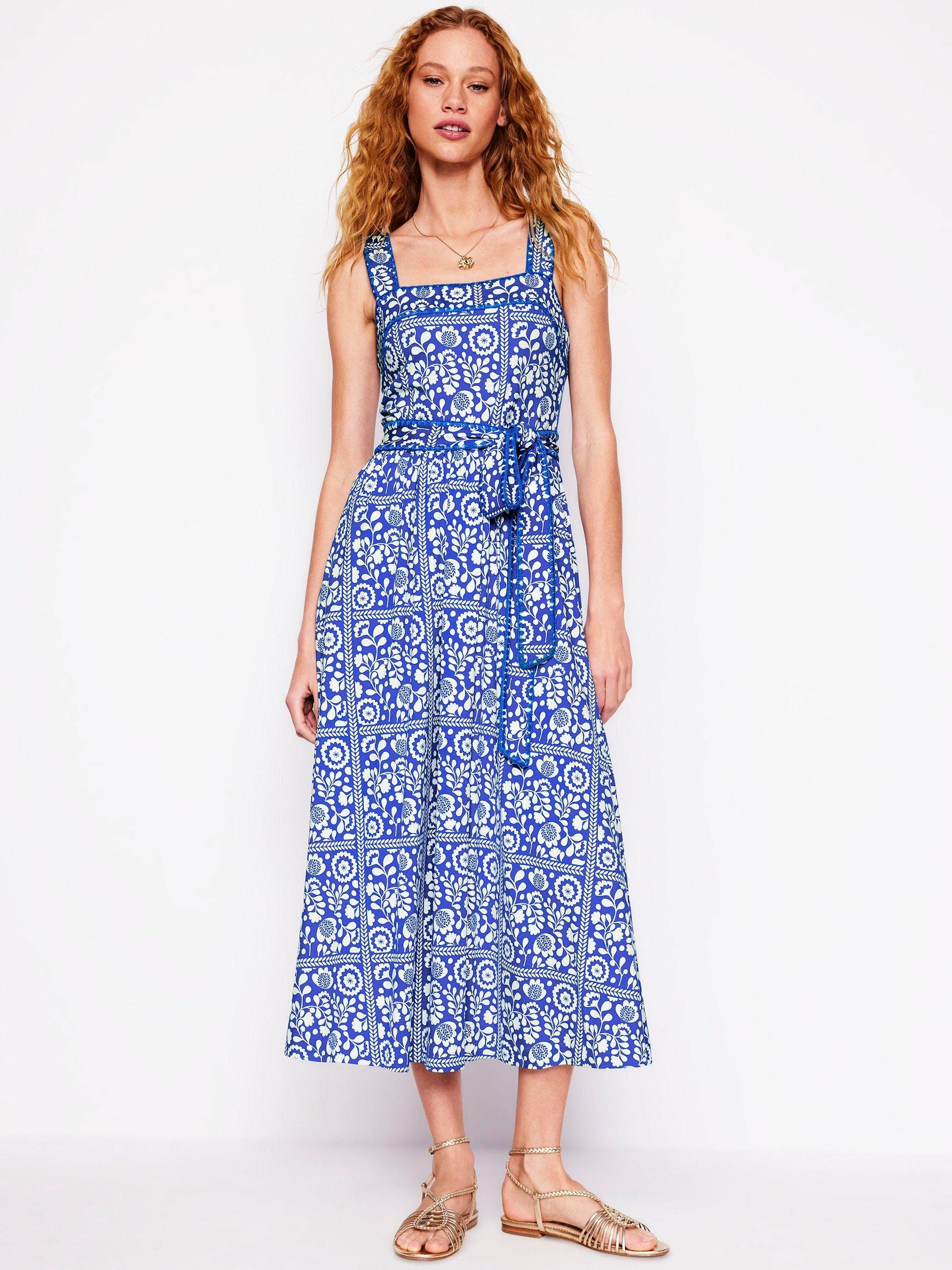 Product image 1 of 5, which shows Boden Floral Square Neck Midi Dress, Blue/Multi, 14