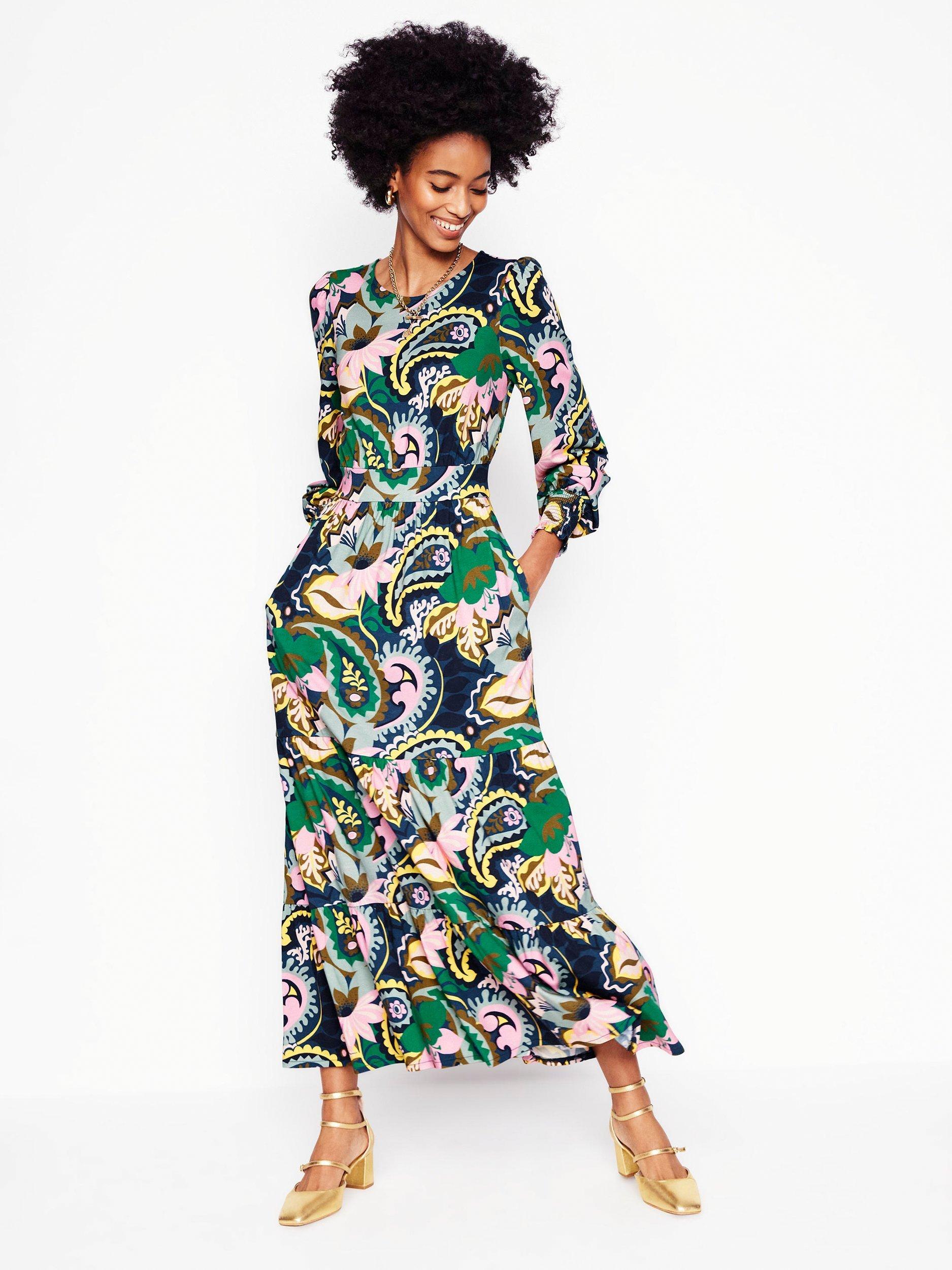 Boden Tabitha Floral Jersey Tiered Dress, Green/Multi