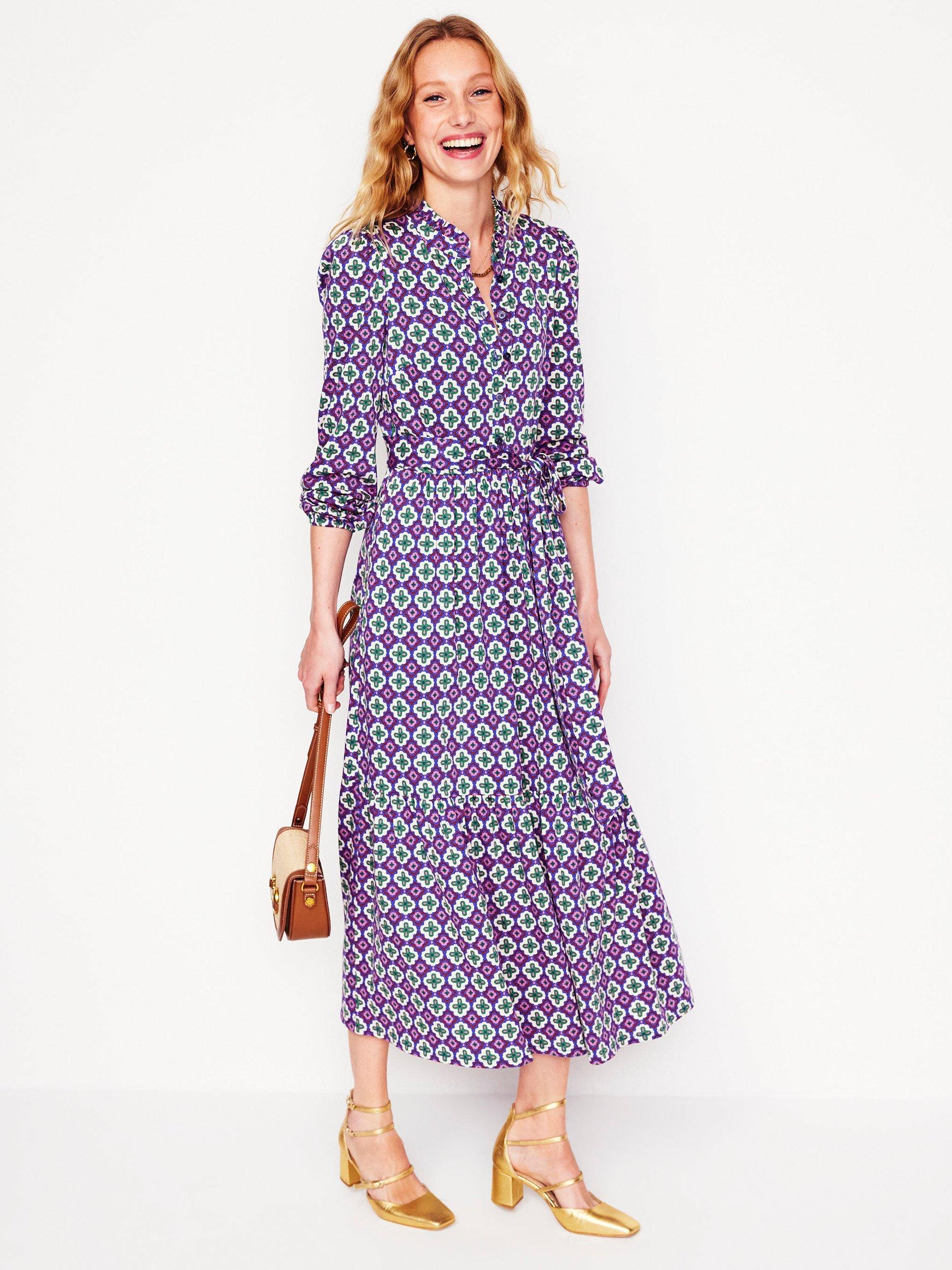 Product image 1 of 6, which shows Boden Willow Geometric Tiered Jersey Dress, Multi, 12