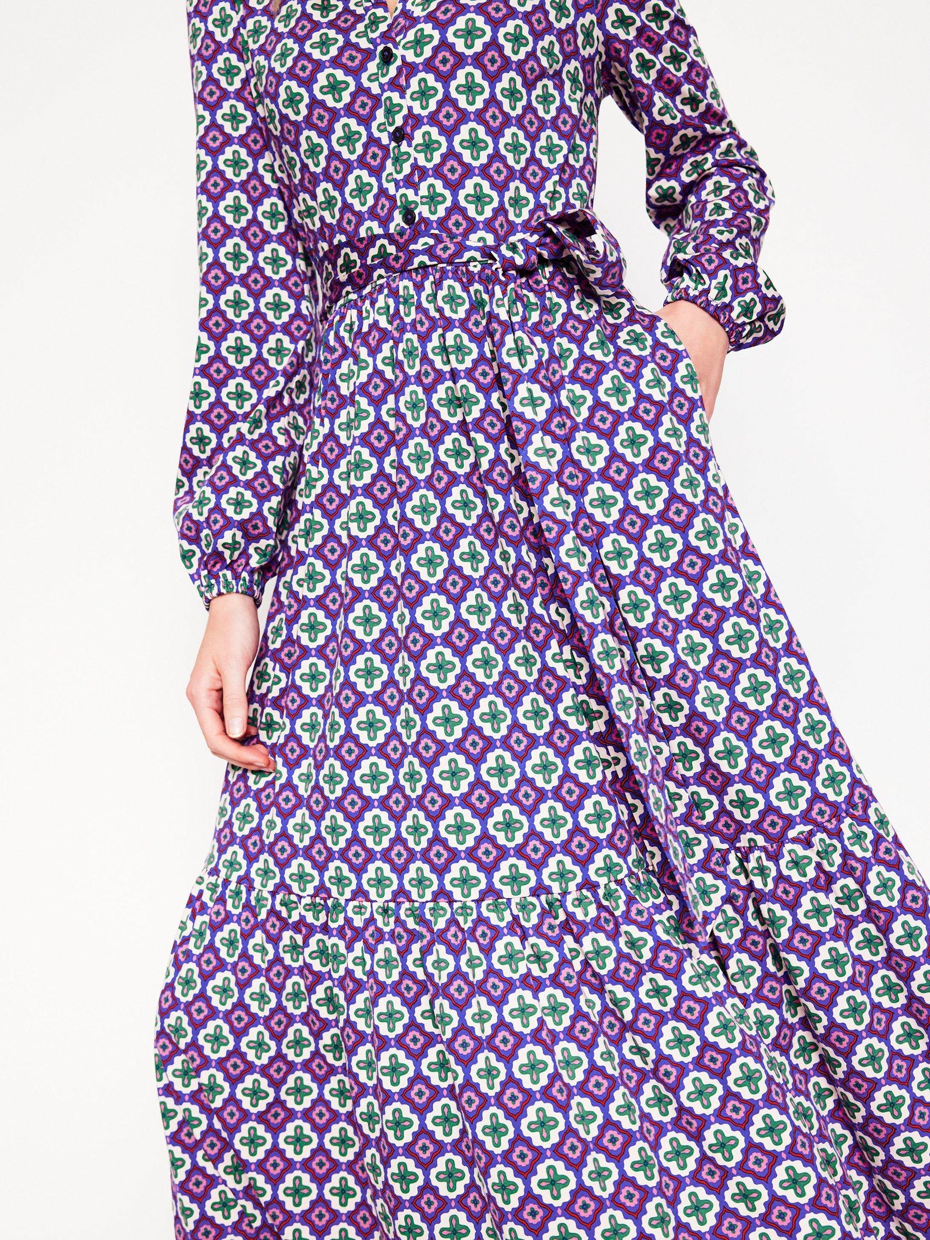 Product image 2 of 6, which shows Boden Willow Geometric Tiered Jersey Dress, Multi, 12