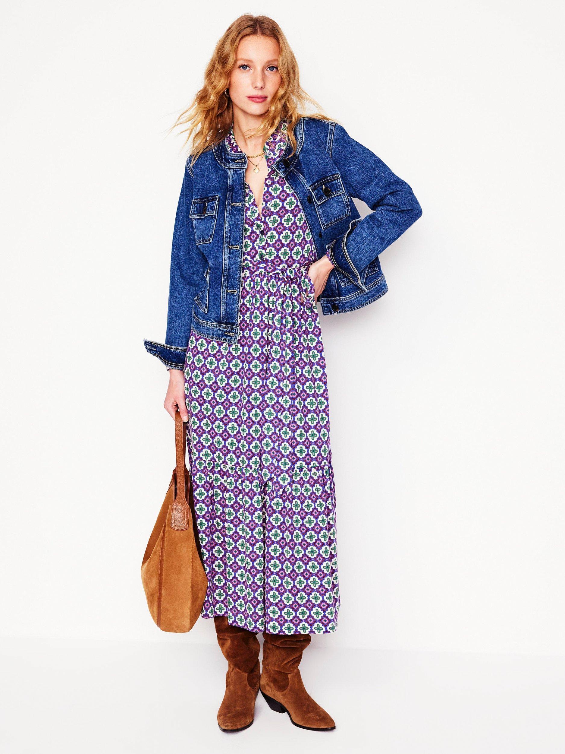 Product image 5 of 6, which shows Boden Willow Geometric Tiered Jersey Dress, Multi, 12