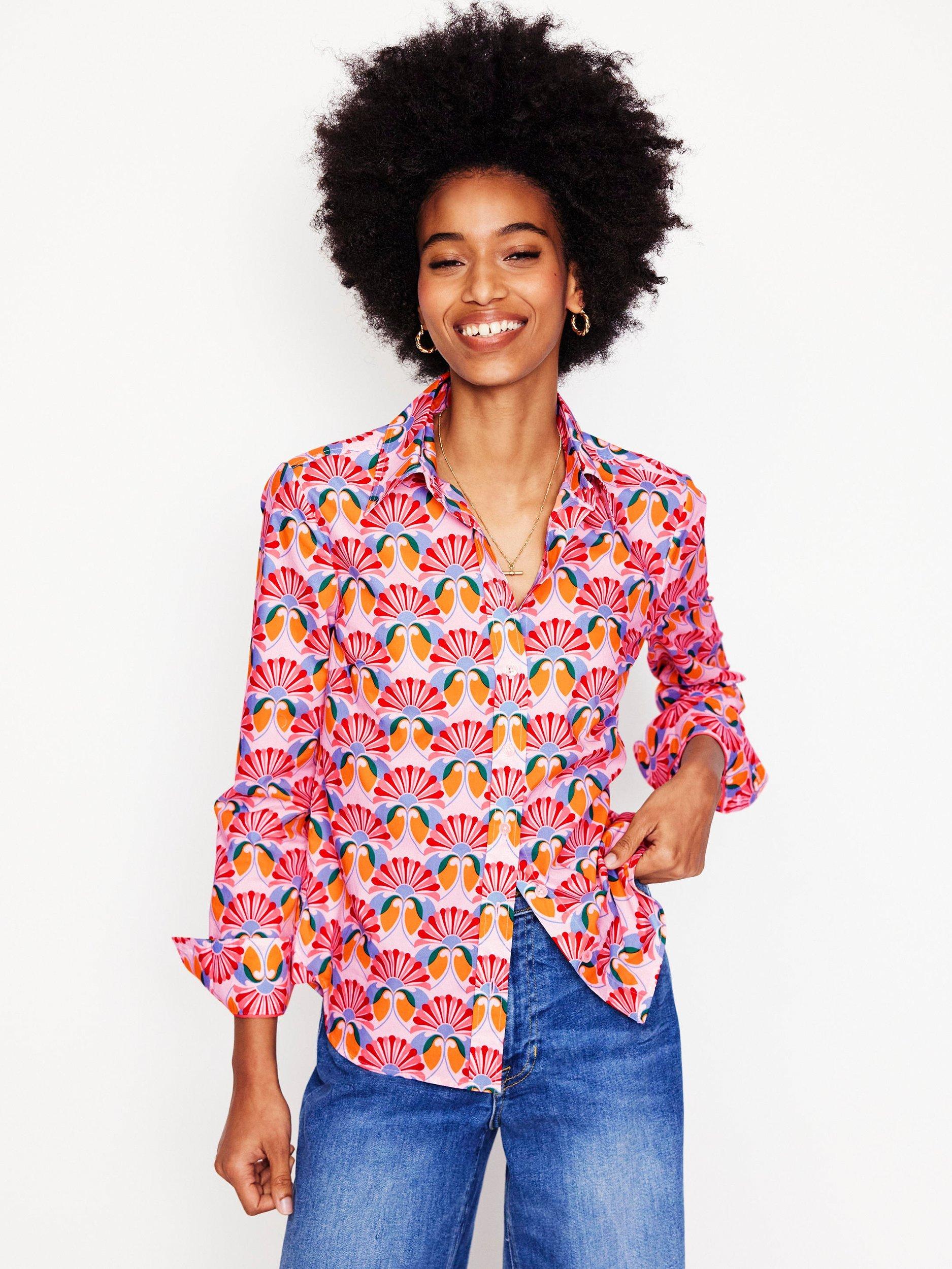 Boden Sienna Geometric Floral Shirt, Ivory/Multi