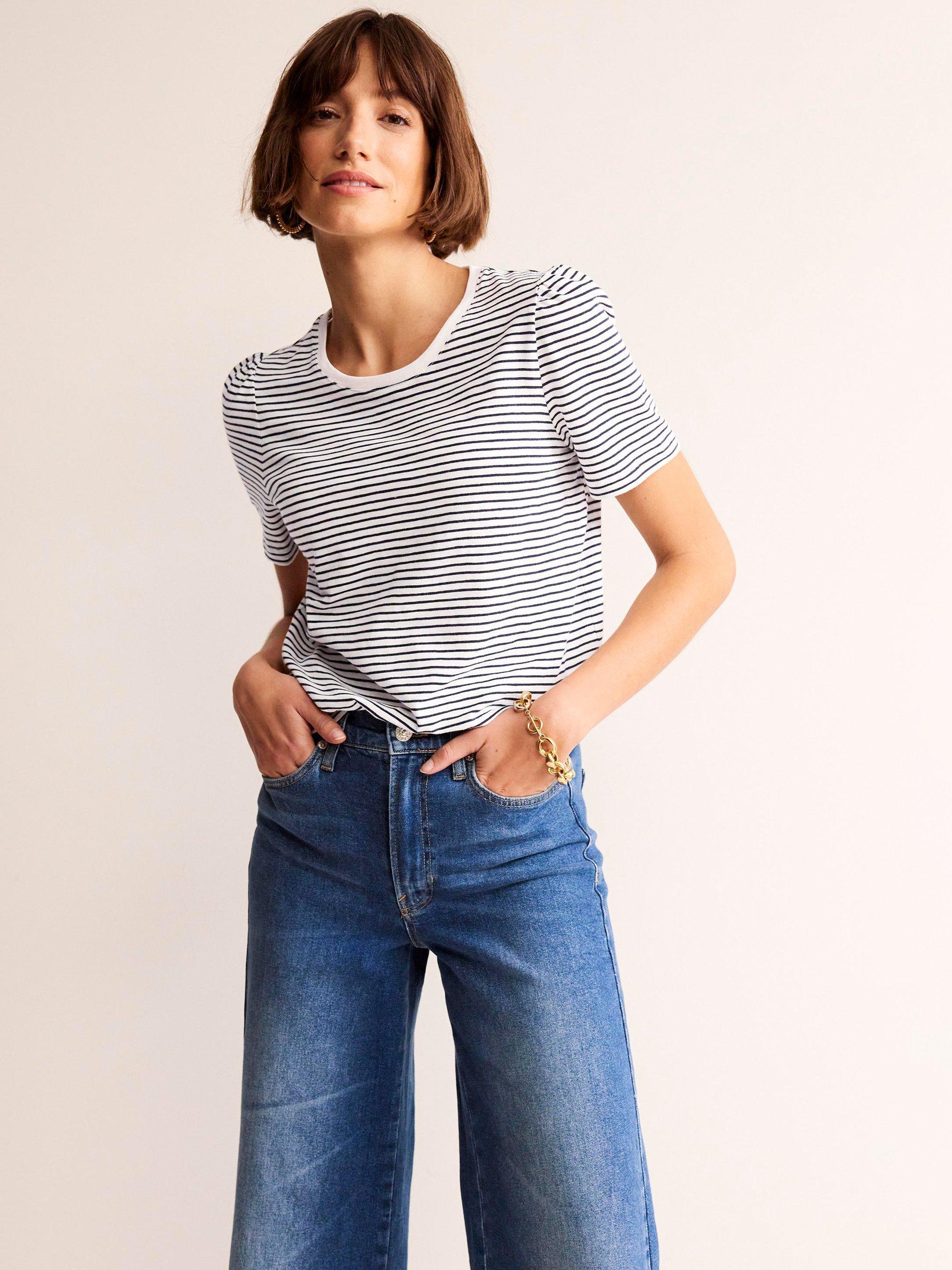 Product image 1 of 5, which shows Boden Stripe Puff Sleeve T-Shirt, Ivory/Navy, XS