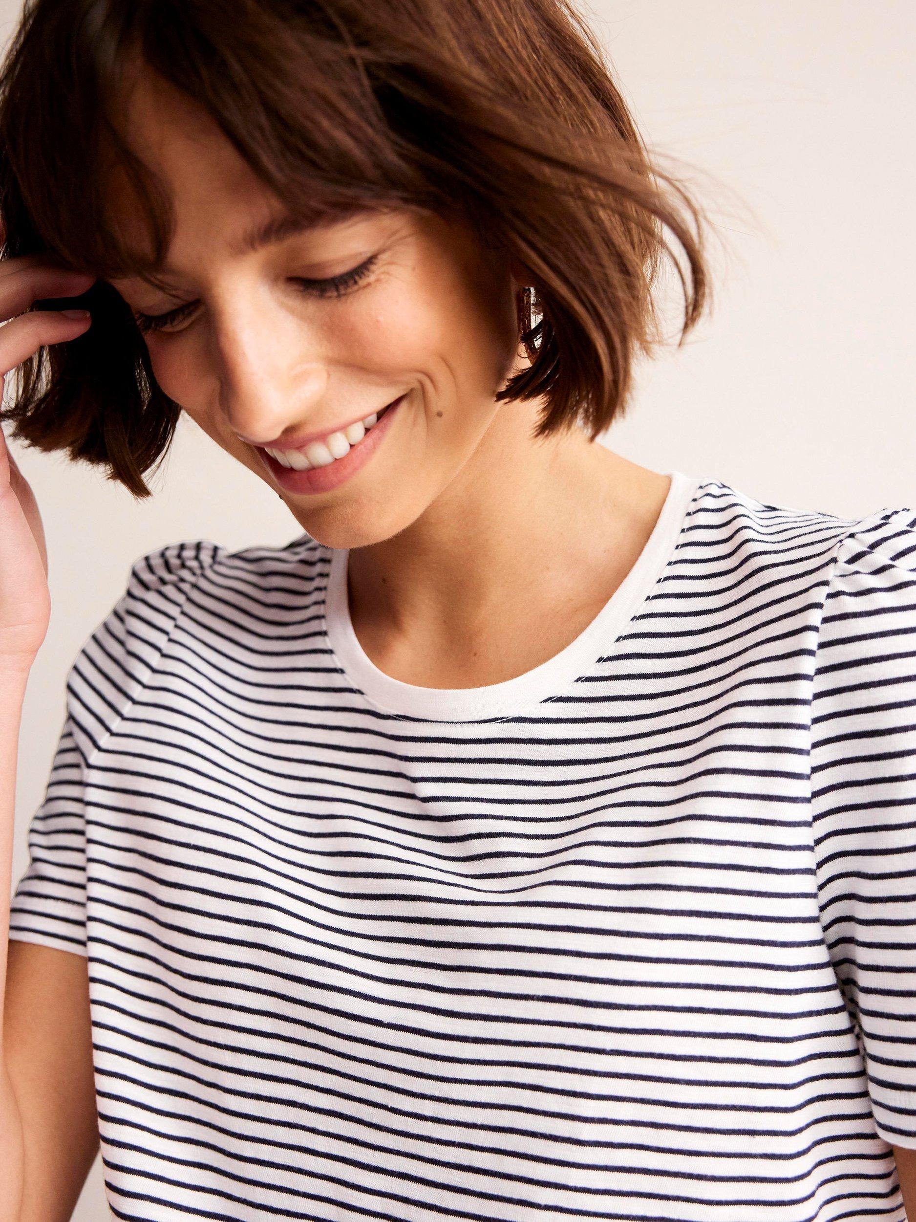 Product image 2 of 5, which shows Boden Stripe Puff Sleeve T-Shirt, Ivory/Navy, XS