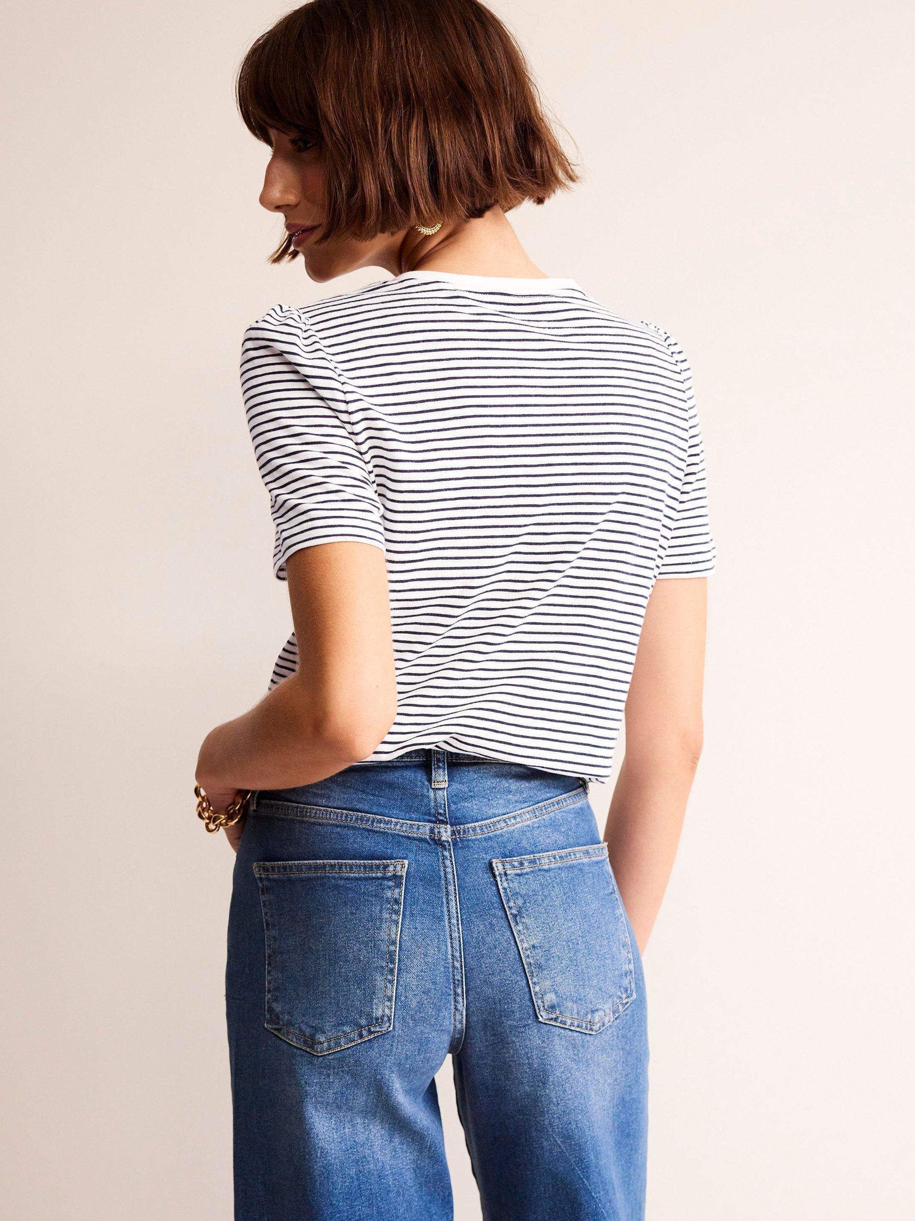 Product image 3 of 5, which shows Boden Stripe Puff Sleeve T-Shirt, Ivory/Navy, XS