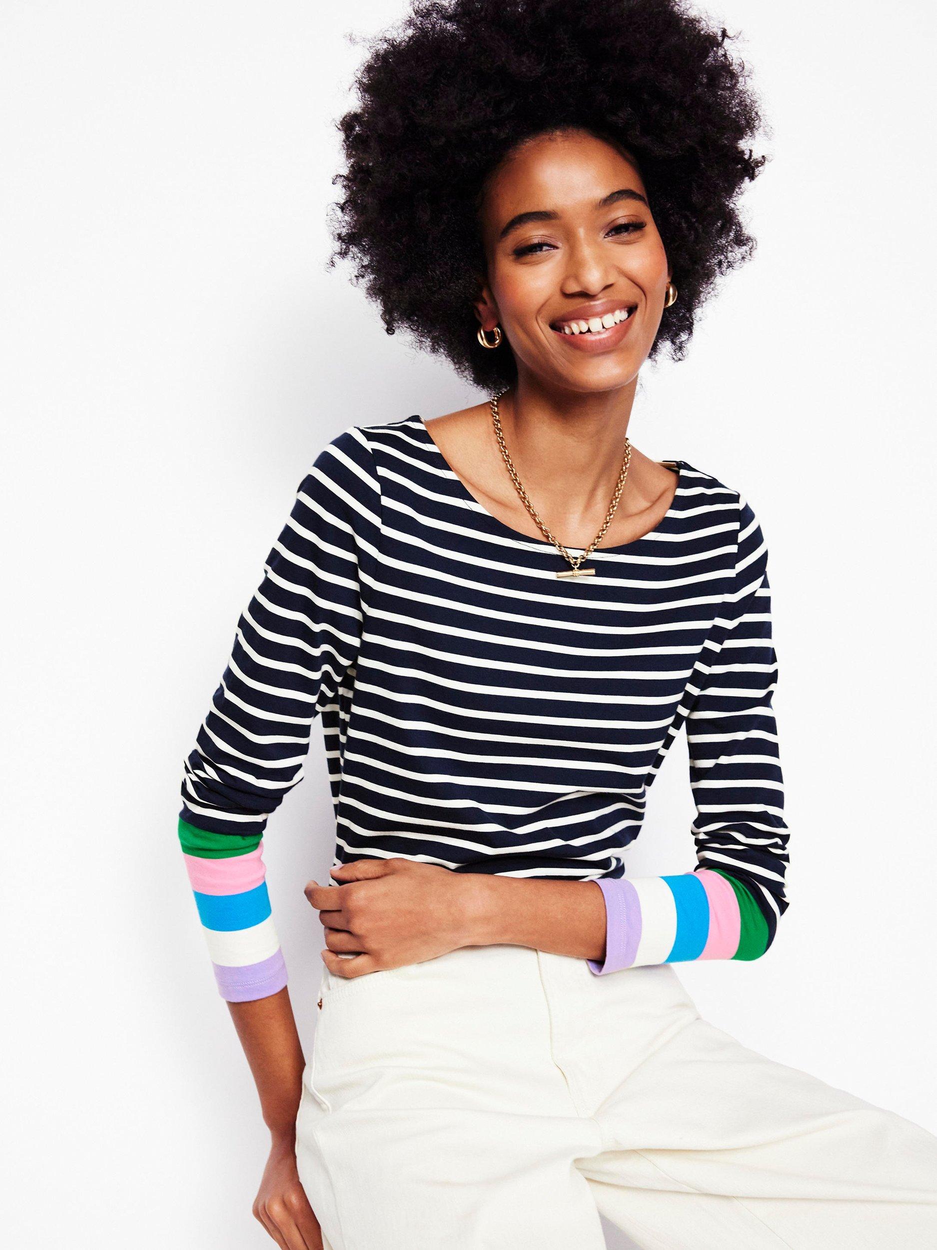 Boden Ella Breton Stripe Long Sleeve Top, Navy/Multi