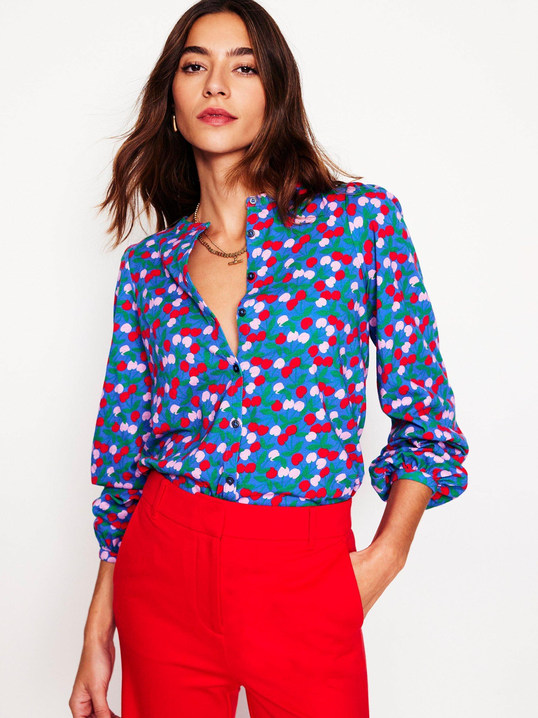 Boden Marina Cherry Jersey Shirt, Bright Blue, Cherry