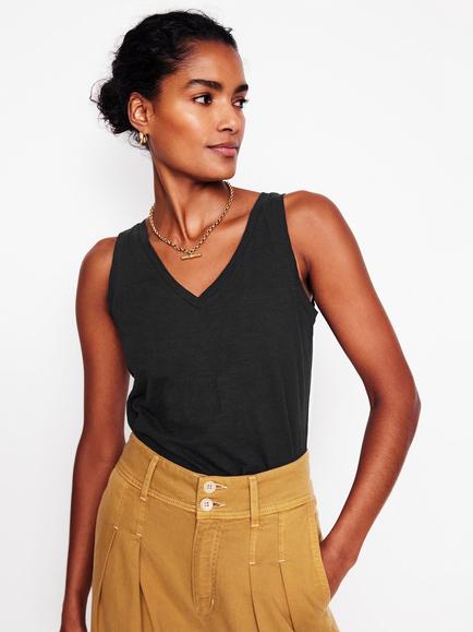 Boden Regular V-Neck Slub Vest Top, Black, Black