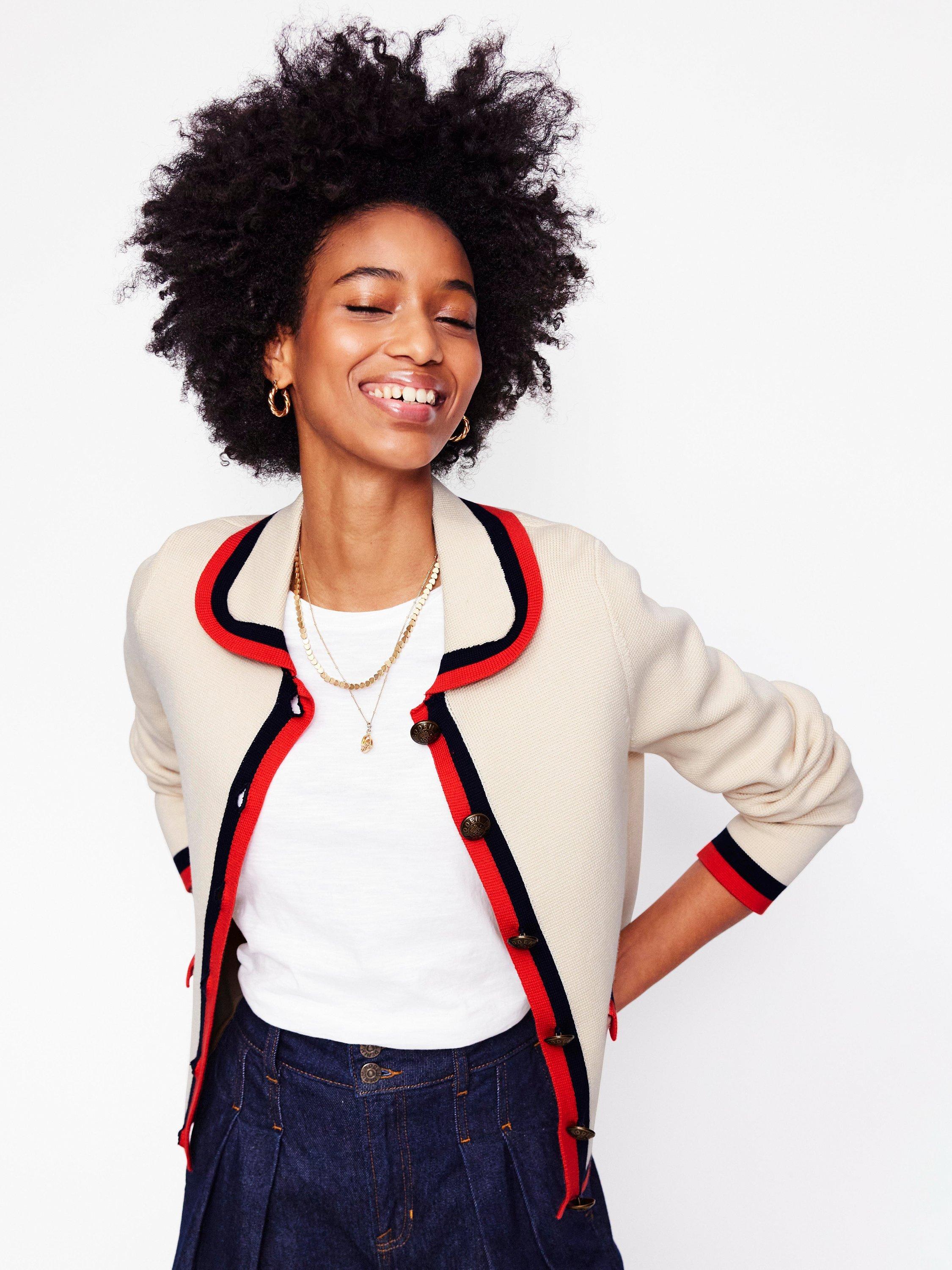 Product image 1 of 7, which shows Boden Holly Collared Knitted Cardigan, Warm Ivory, 16