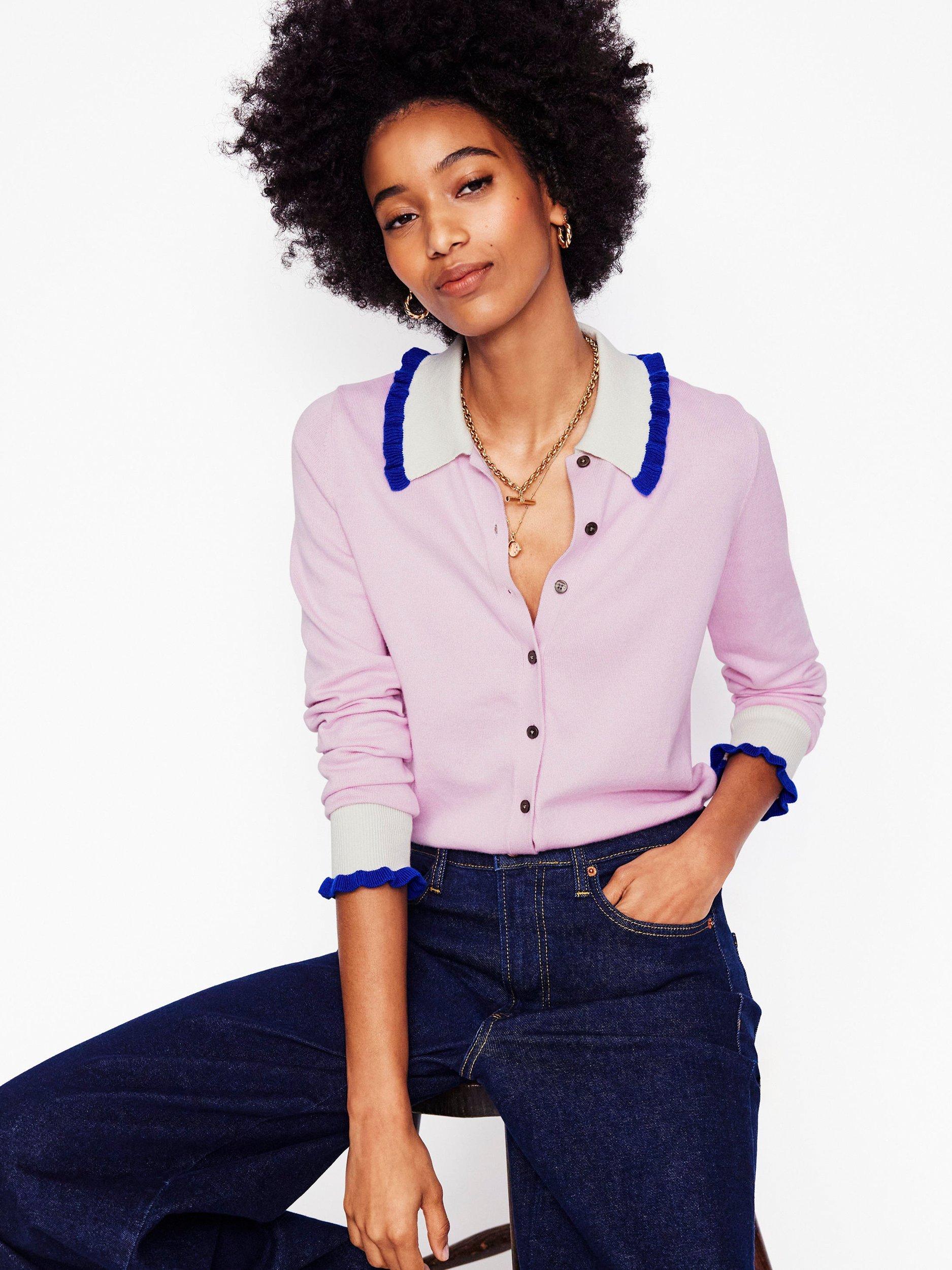 Product image 1 of 7, which shows Boden Frill Trim Cardigan, Soft Lavender Pink, L