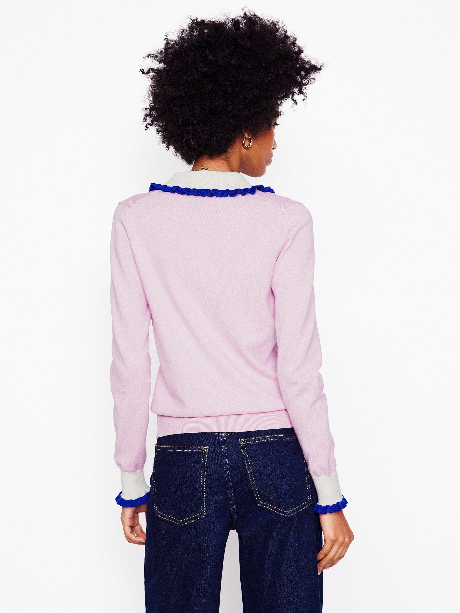 Product image 2 of 7, which shows Boden Frill Trim Cardigan, Soft Lavender Pink, L