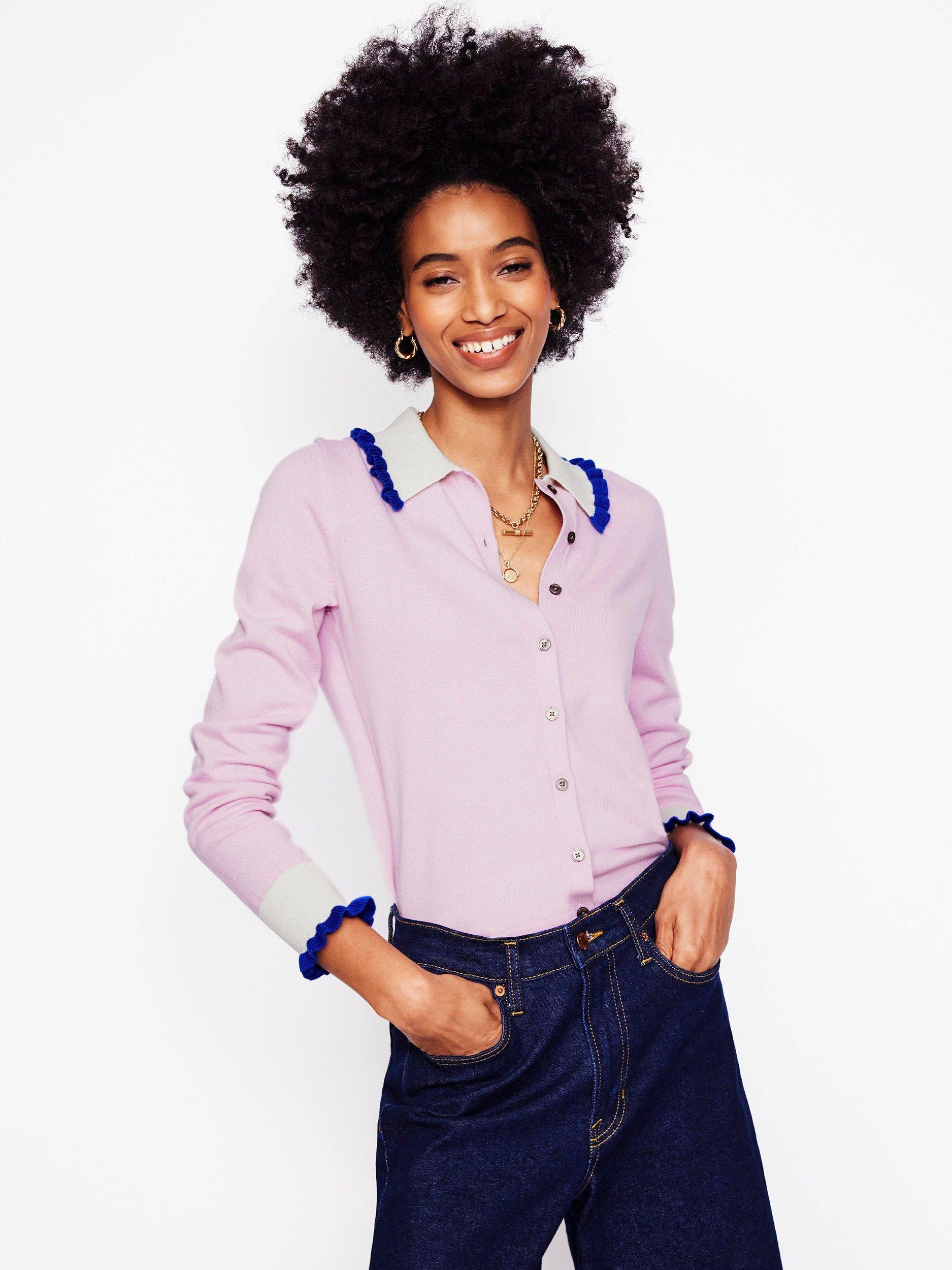 Product image 3 of 7, which shows Boden Frill Trim Cardigan, Soft Lavender Pink, L