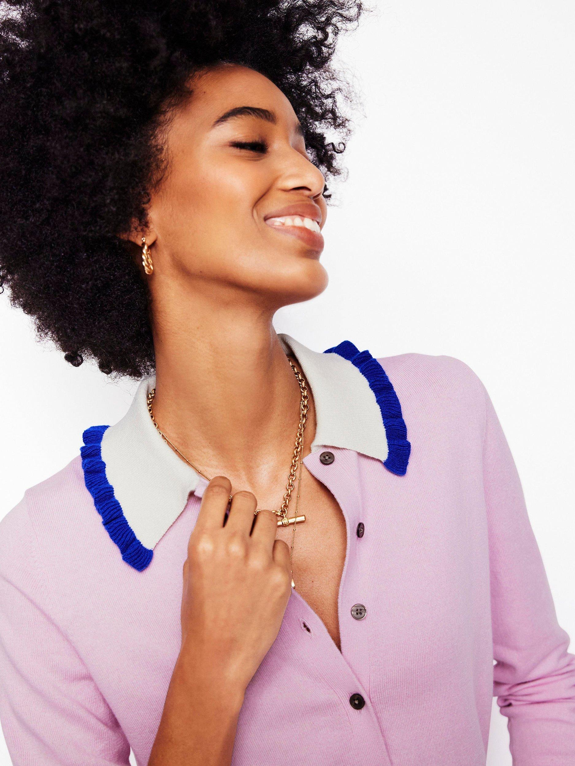 Product image 4 of 7, which shows Boden Frill Trim Cardigan, Soft Lavender Pink, L
