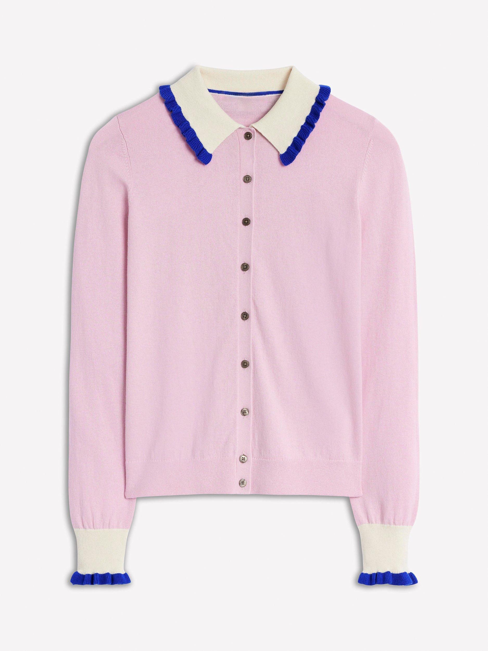 Product image 5 of 7, which shows Boden Frill Trim Cardigan, Soft Lavender Pink, L