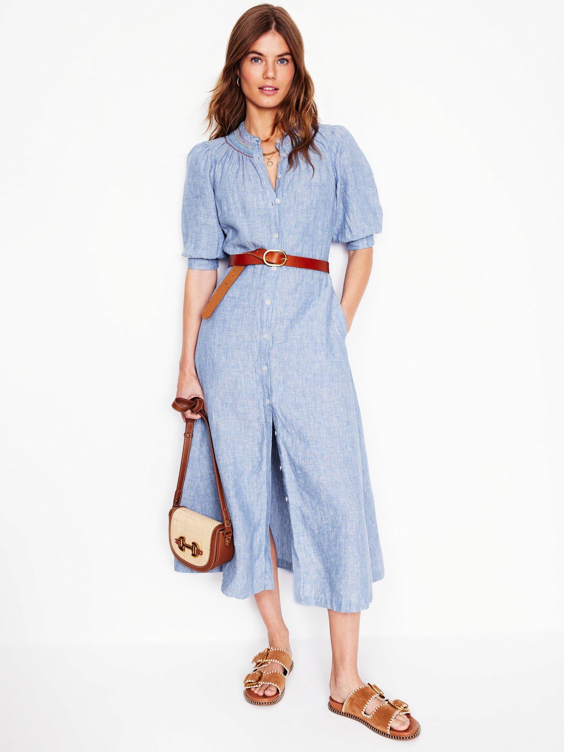 Product image 1 of 6, which shows Boden Ada Pure Linen Midi Shirt Dress, Grey Blue Chambray, 8