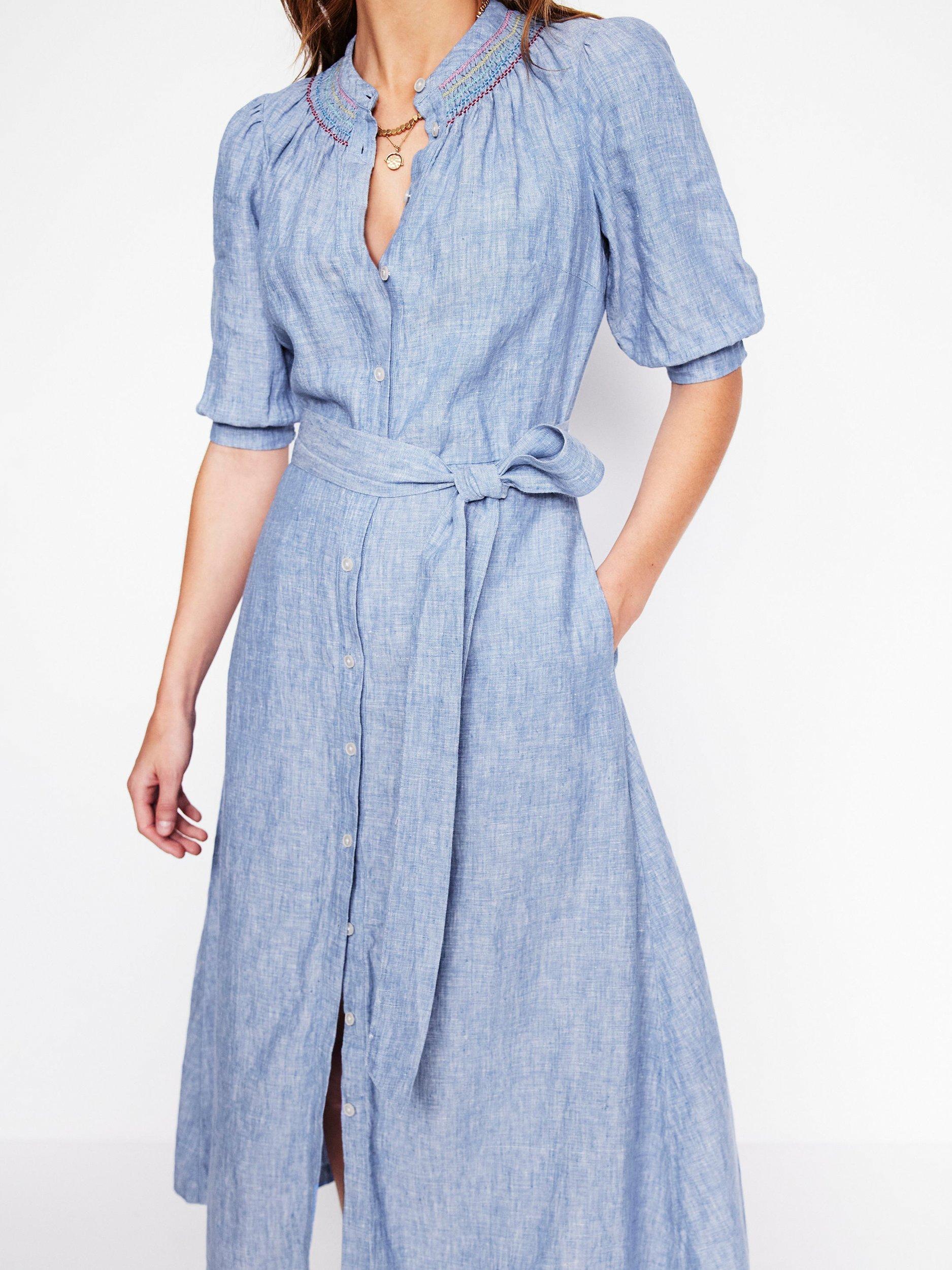 Product image 2 of 6, which shows Boden Ada Pure Linen Midi Shirt Dress, Grey Blue Chambray, 8