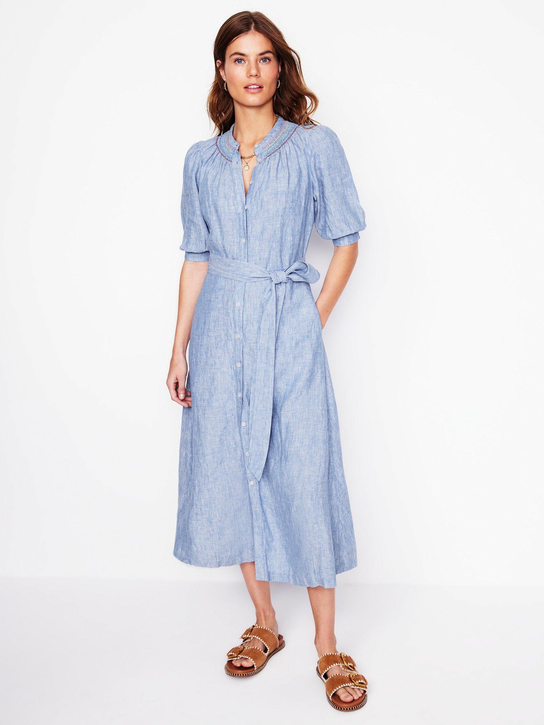Product image 4 of 6, which shows Boden Ada Pure Linen Midi Shirt Dress, Grey Blue Chambray, 8