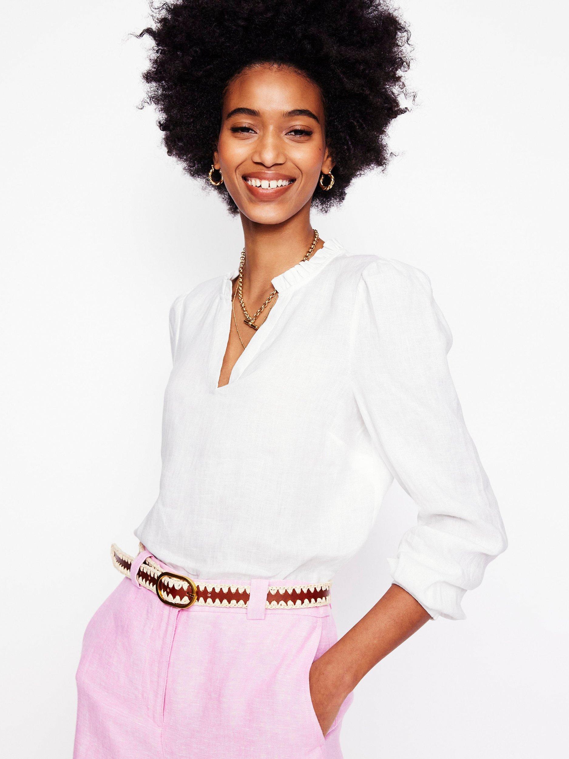 Product image 1 of 5, which shows Boden Grace Frill Neck Pure Linen Top, White, 8