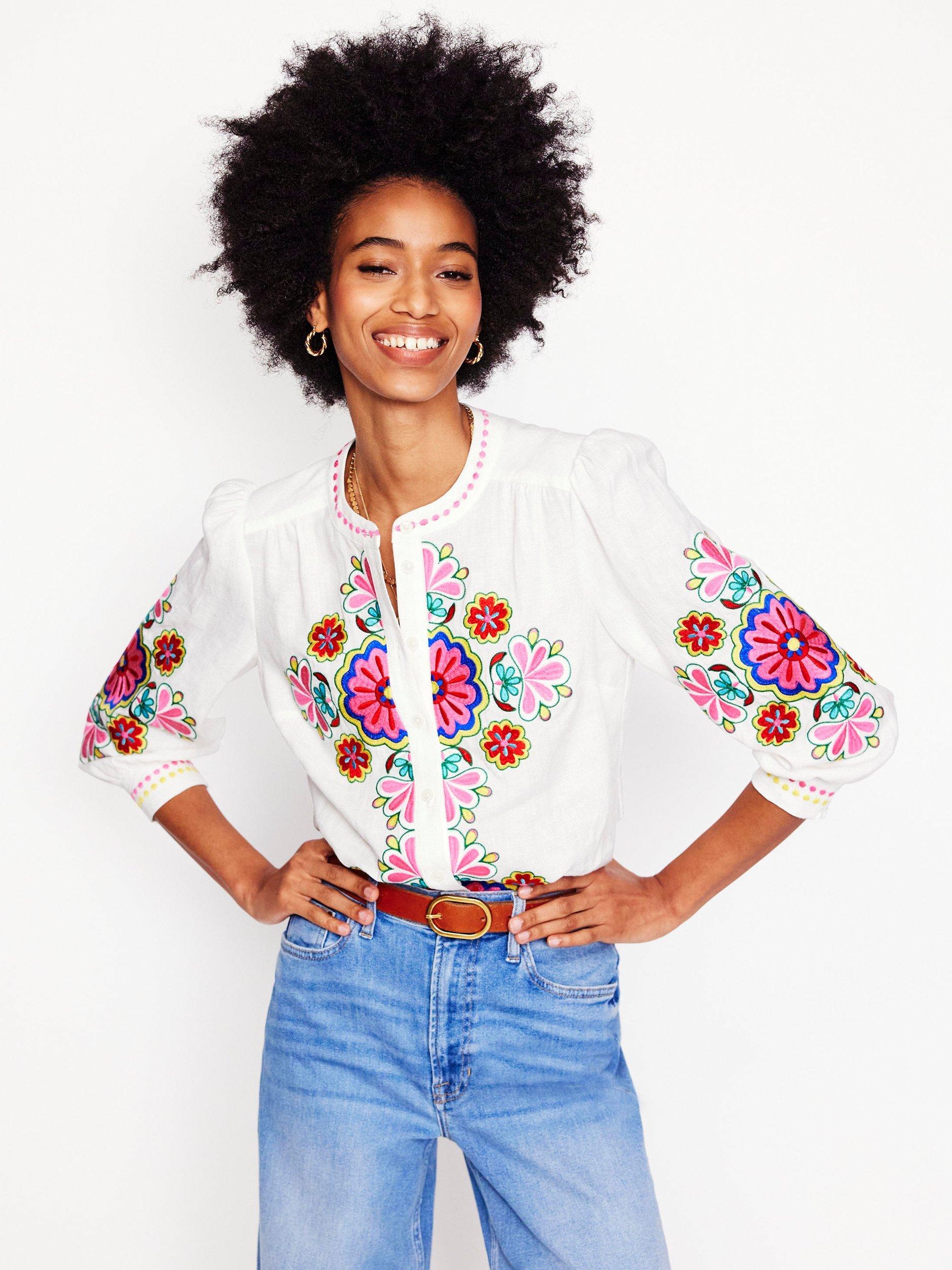 Product image 1 of 6, which shows Boden Alicia Embroidered Pure Linen Top, White/Multi, 10