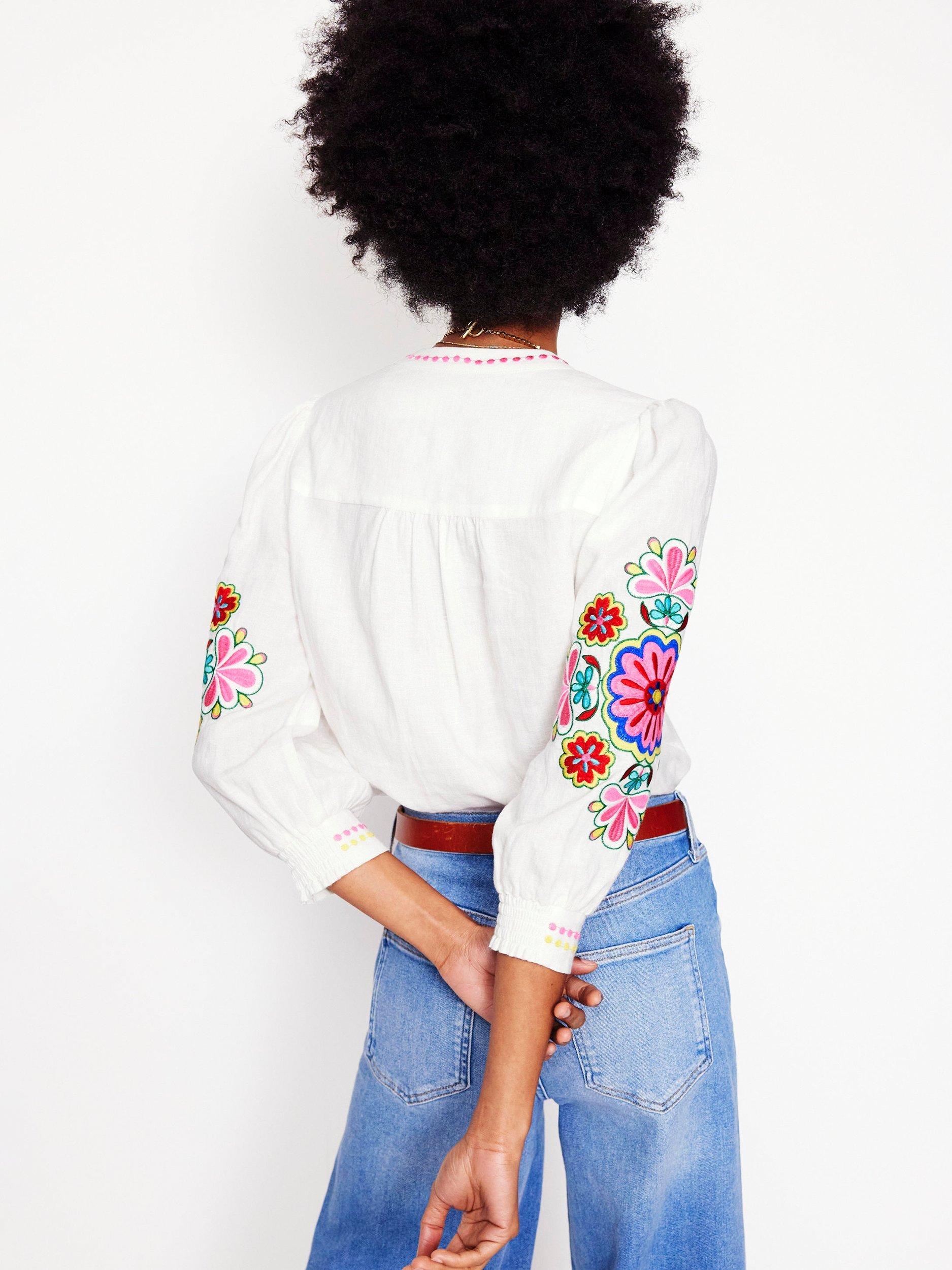 Product image 2 of 6, which shows Boden Alicia Embroidered Pure Linen Top, White/Multi, 10