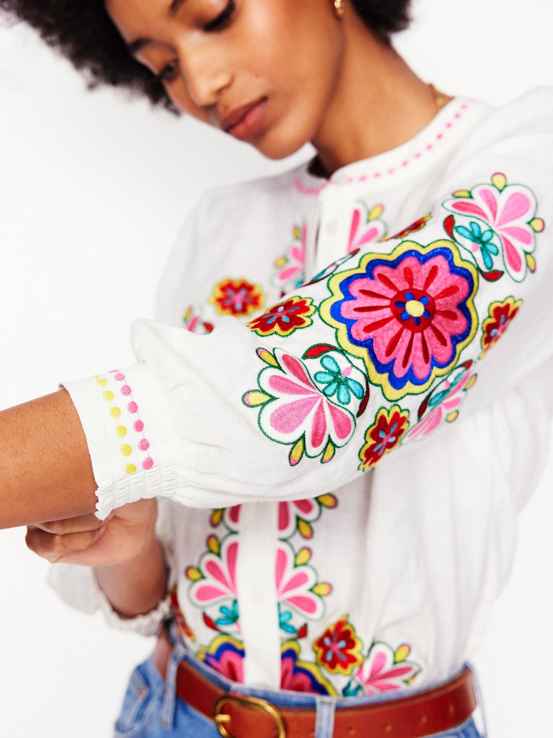 Product image 3 of 6, which shows Boden Alicia Embroidered Pure Linen Top, White/Multi, 10